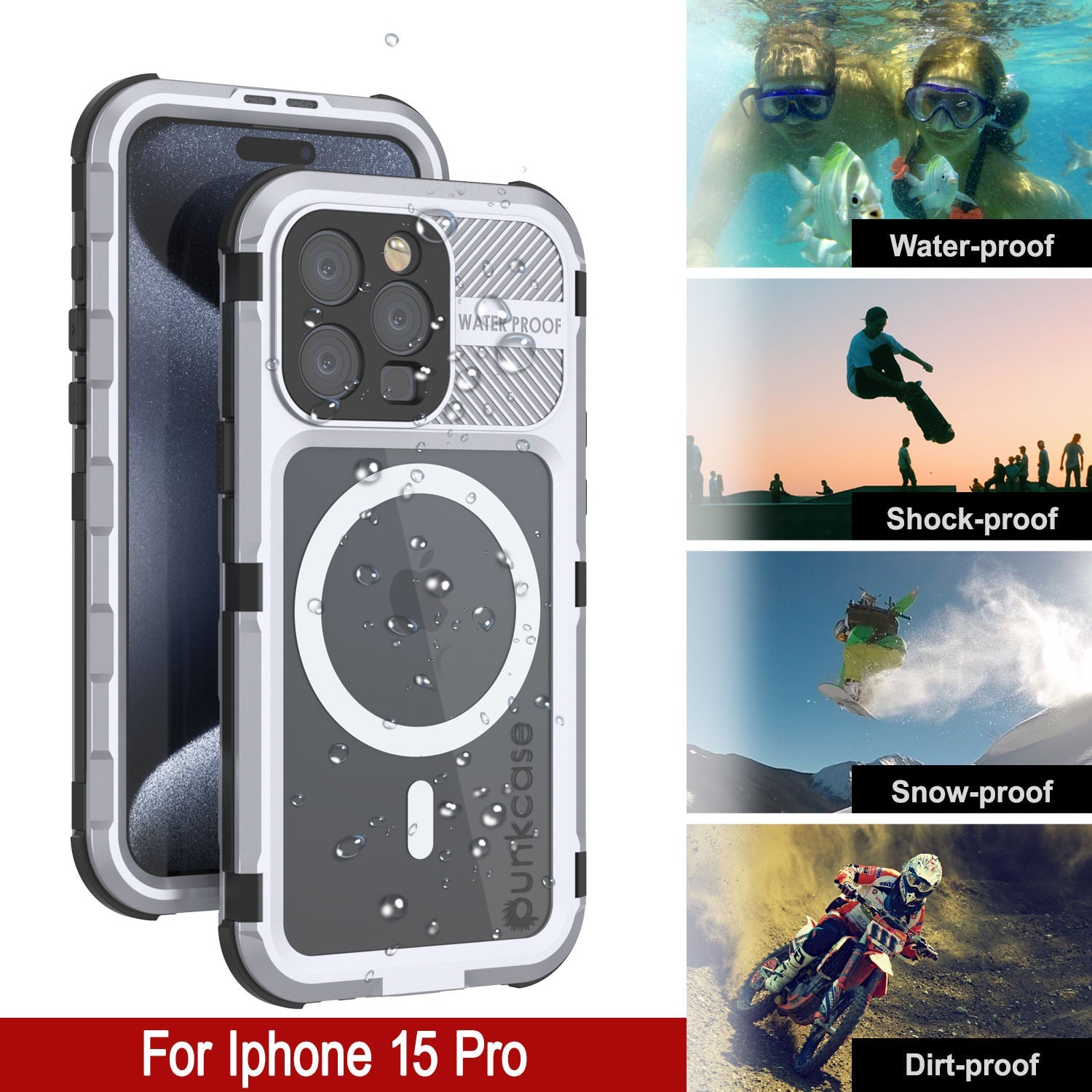 iPhone 15 Pro Metal Extreme 2.0 Series Aluminum Waterproof Case IP68 W/Buillt in Screen Protector [White]