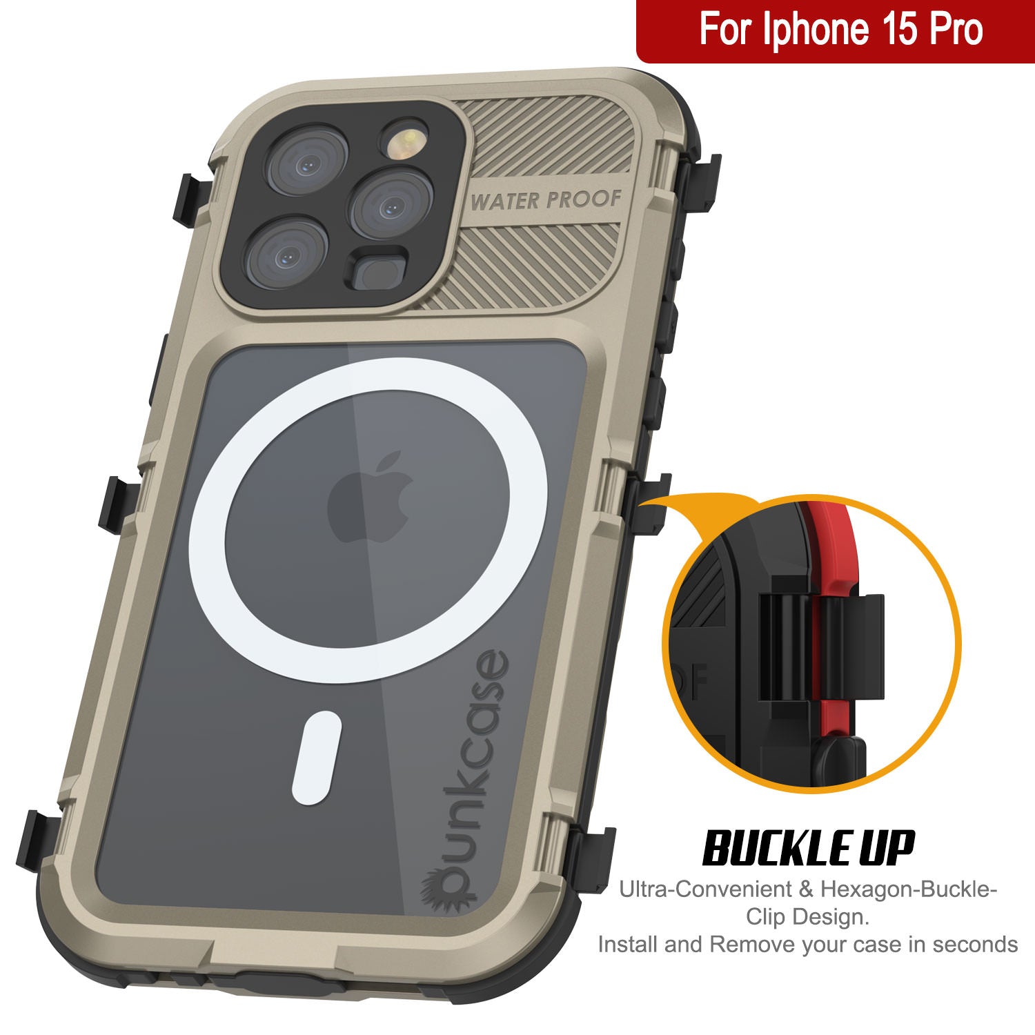 iPhone 15 Pro Metal Extreme 2.0 Series Aluminum Waterproof Case IP68 W/Buillt in Screen Protector [Gold]