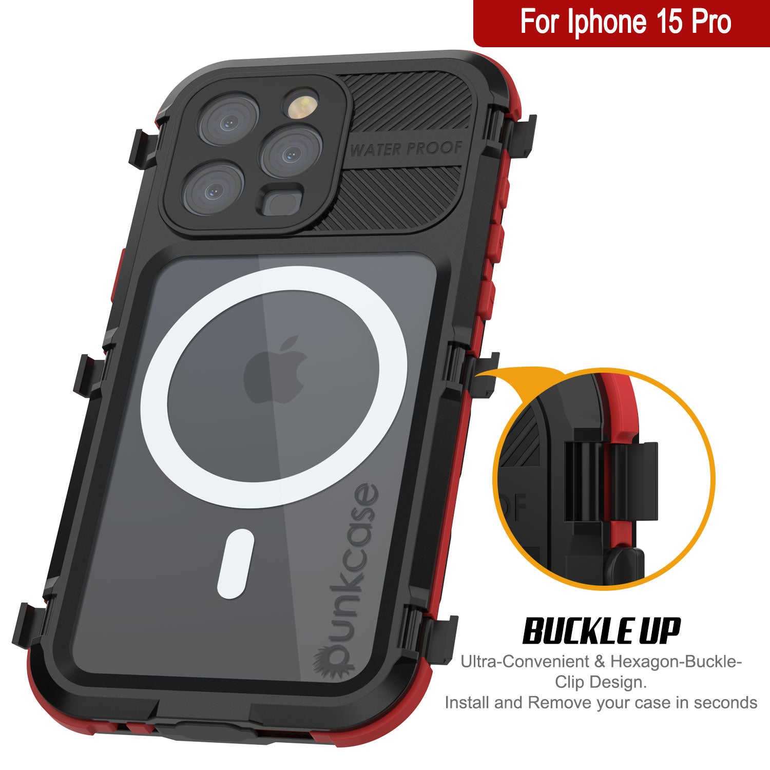 iPhone 15 Pro Metal Extreme 2.0 Series Aluminum Waterproof Case IP68 W/Buillt in Screen Protector [Black-Red]