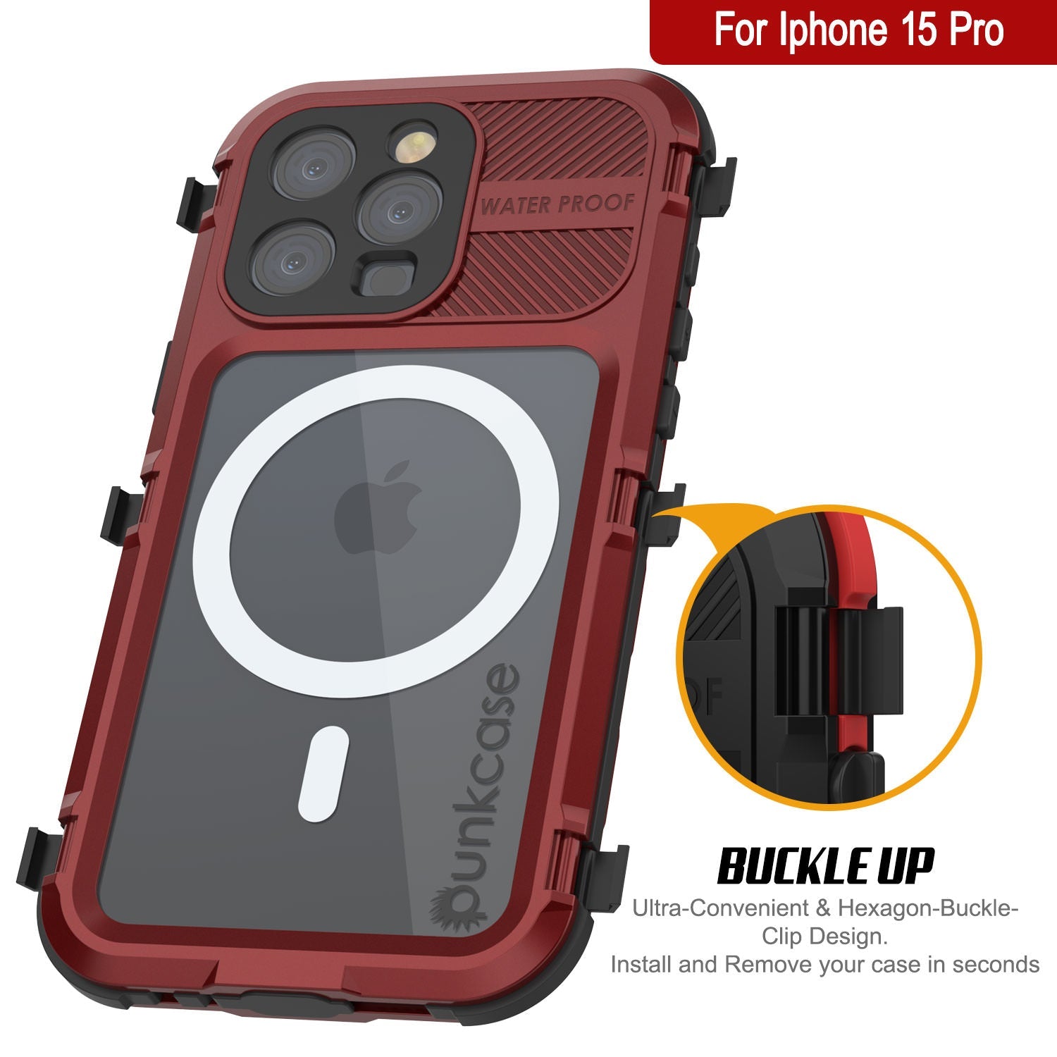 iPhone 15 Pro Metal Extreme 2.0 Series Aluminum Waterproof Case IP68 W/Buillt in Screen Protector [Red-Black]