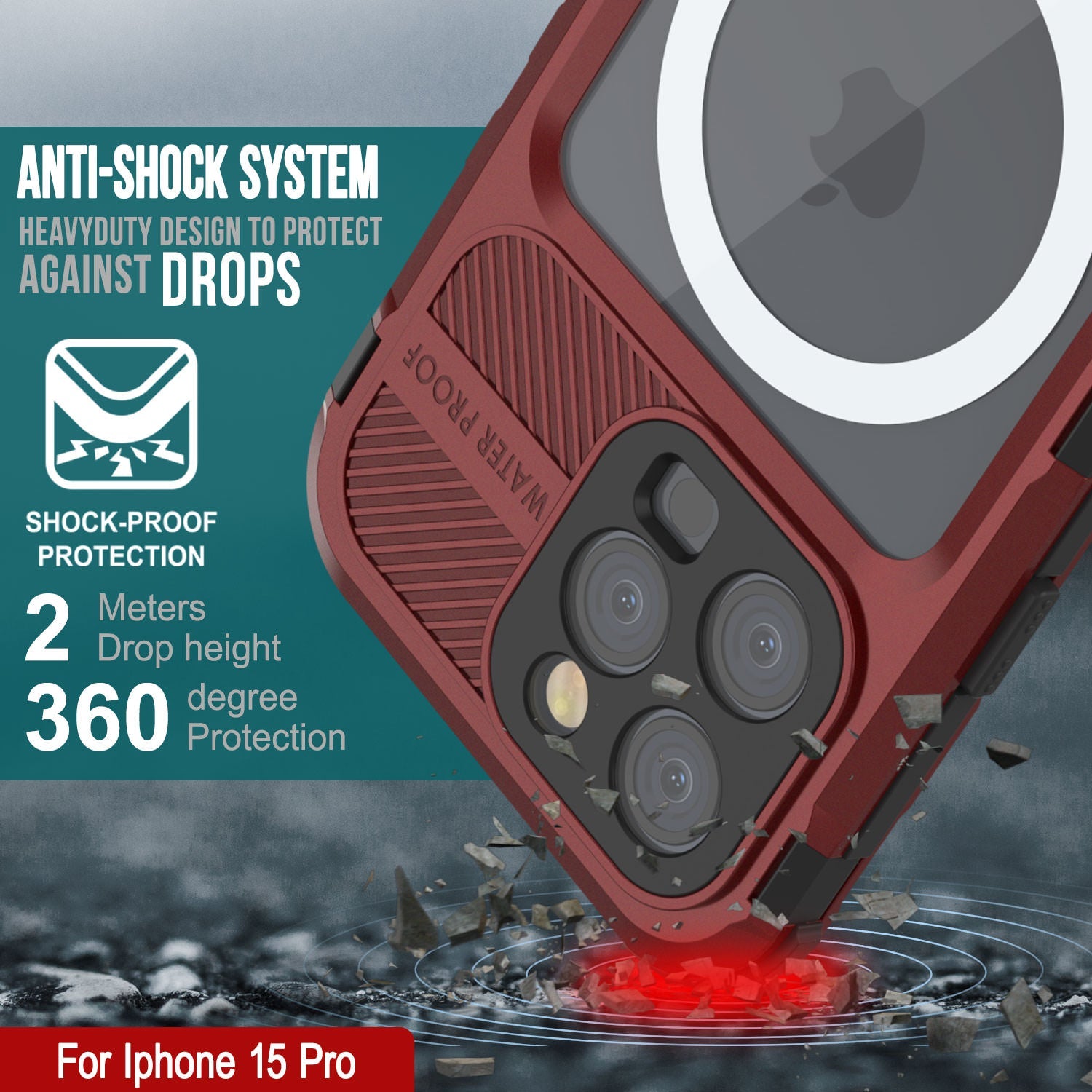 iPhone 15 Pro Metal Extreme 2.0 Series Aluminum Waterproof Case IP68 W/Buillt in Screen Protector [Red-Black]
