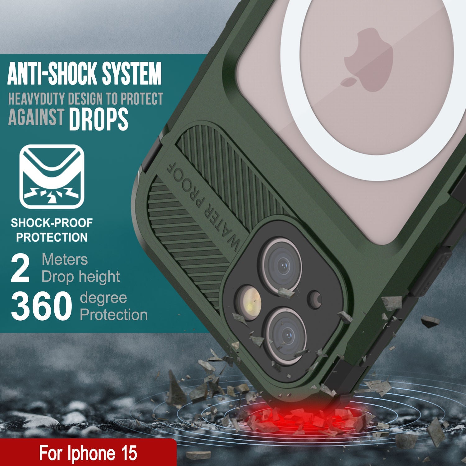 iPhone 15 Metal Extreme 2.0 Series Aluminum Waterproof Case IP68 W/Buillt in Screen Protector [Dark-Green]