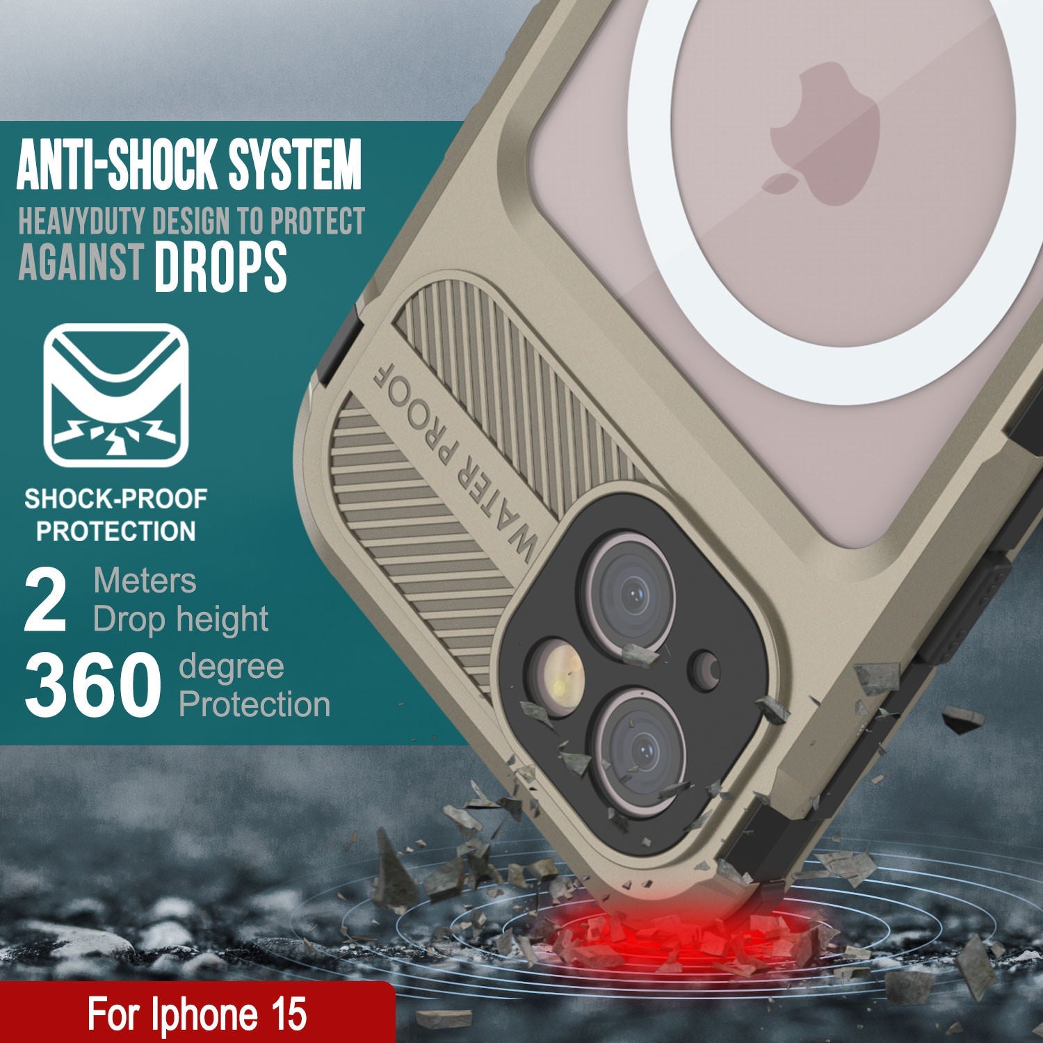 iPhone 15 Metal Extreme 2.0 Series Aluminum Waterproof Case IP68 W/Buillt in Screen Protector [Gold]