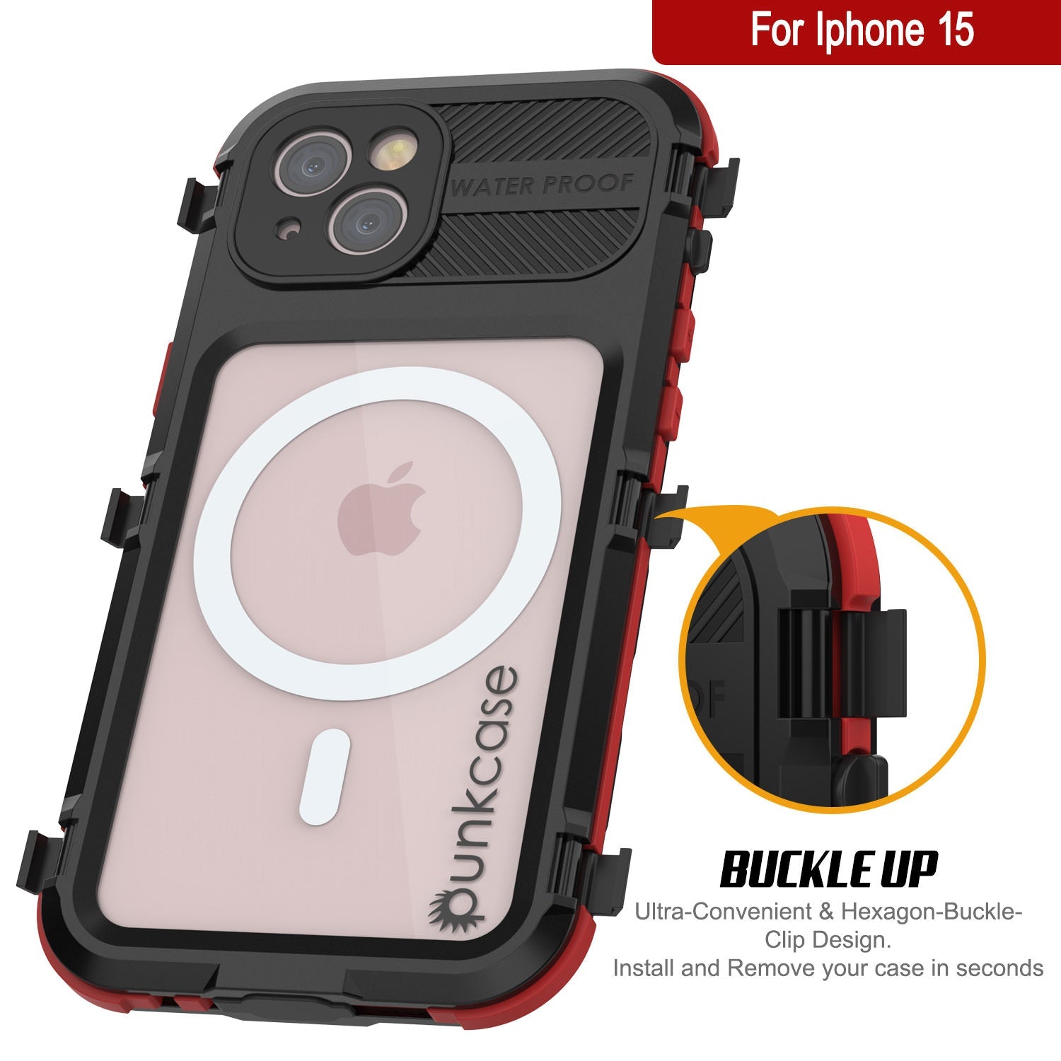 iPhone 15 Metal Extreme 2.0 Series Aluminum Waterproof Case IP68 W/Buillt in Screen Protector [Black-Red]