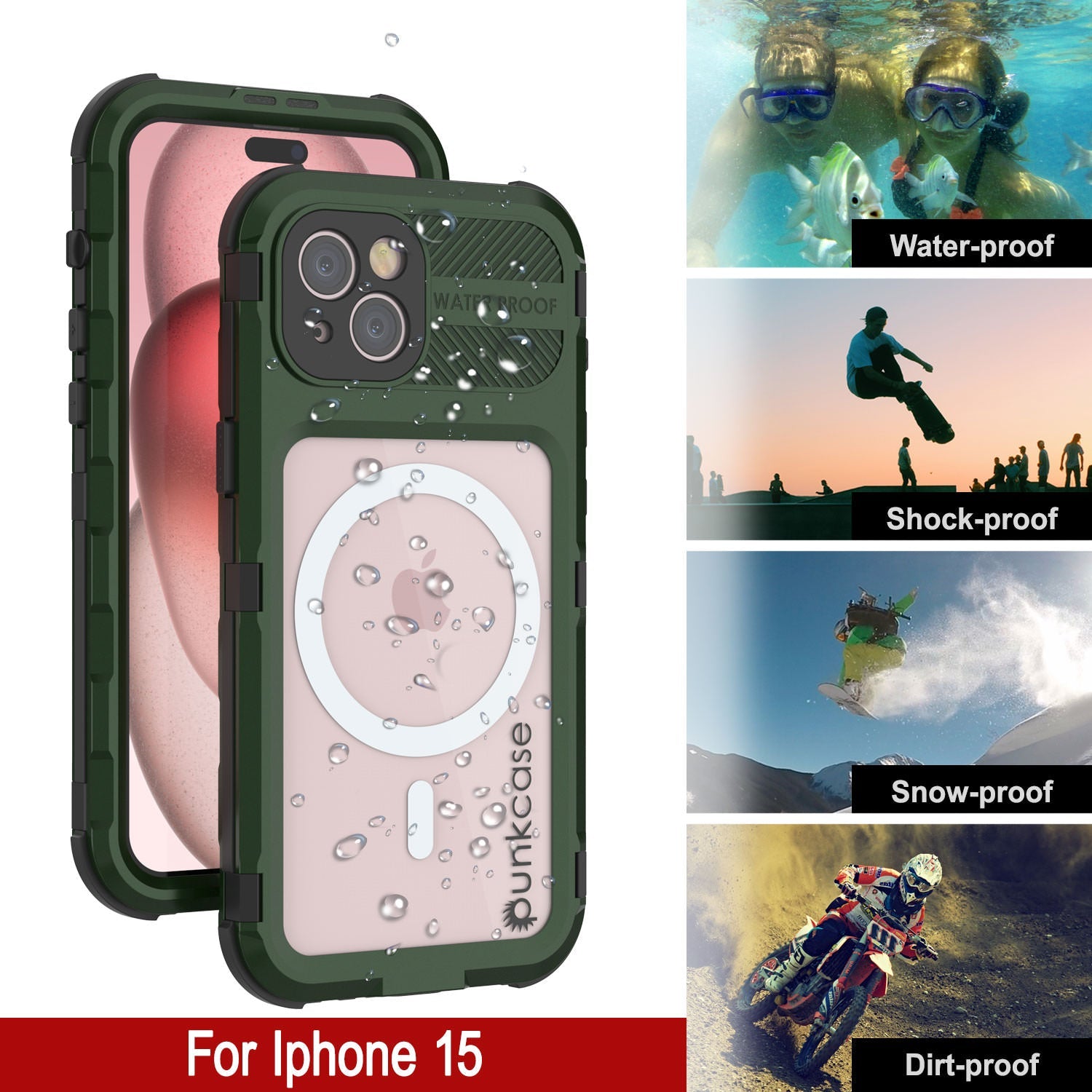 iPhone 15 Metal Extreme 2.0 Series Aluminum Waterproof Case IP68 W/Buillt in Screen Protector [Dark-Green]