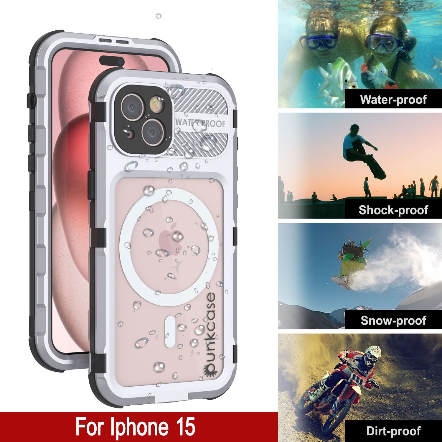 iPhone 15 Metal Extreme 2.0 Series Aluminum Waterproof Case IP68 W/Buillt in Screen Protector [White]