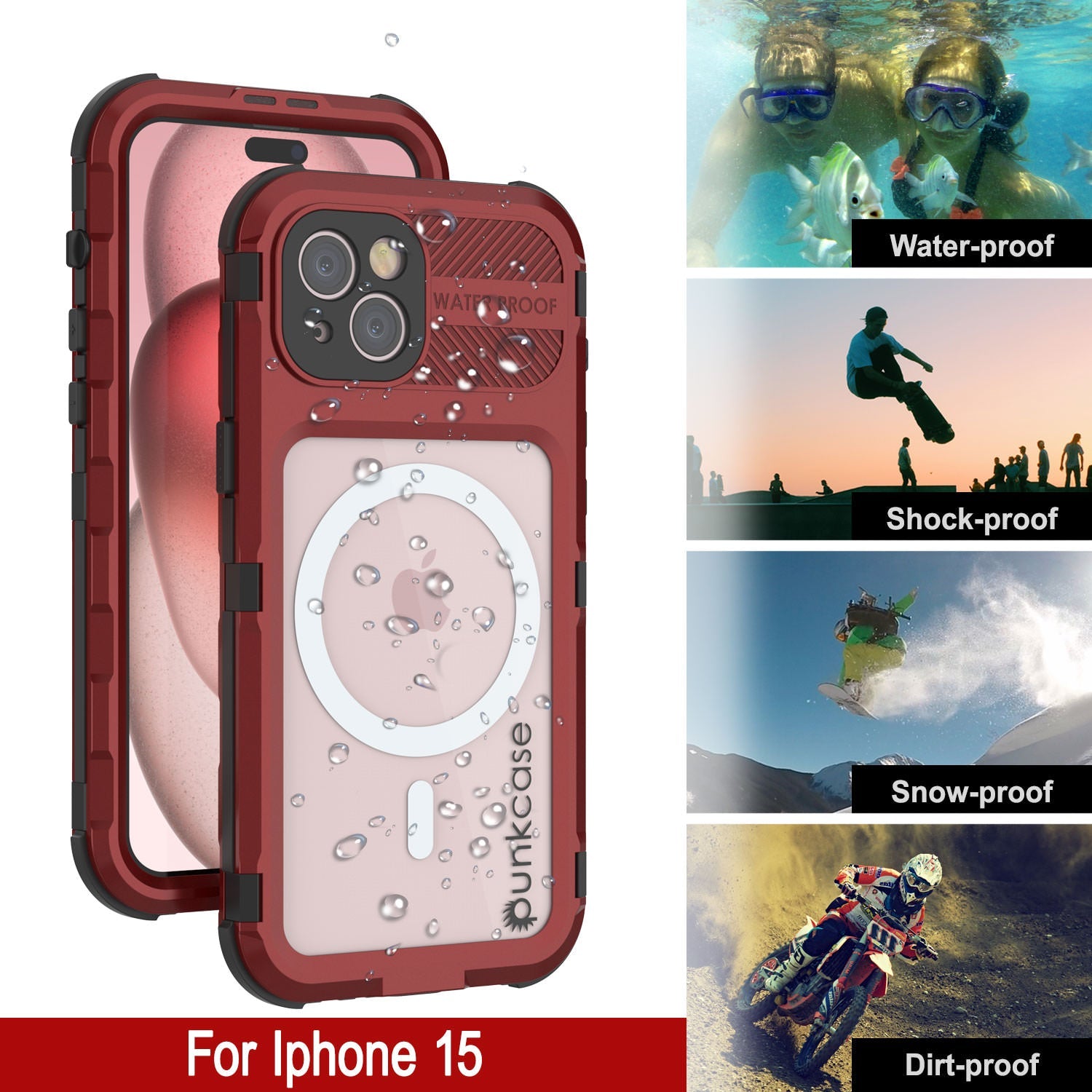iPhone 15 Metal Extreme 2.0 Series Aluminum Waterproof Case IP68 W/Buillt in Screen Protector [Red-Black]
