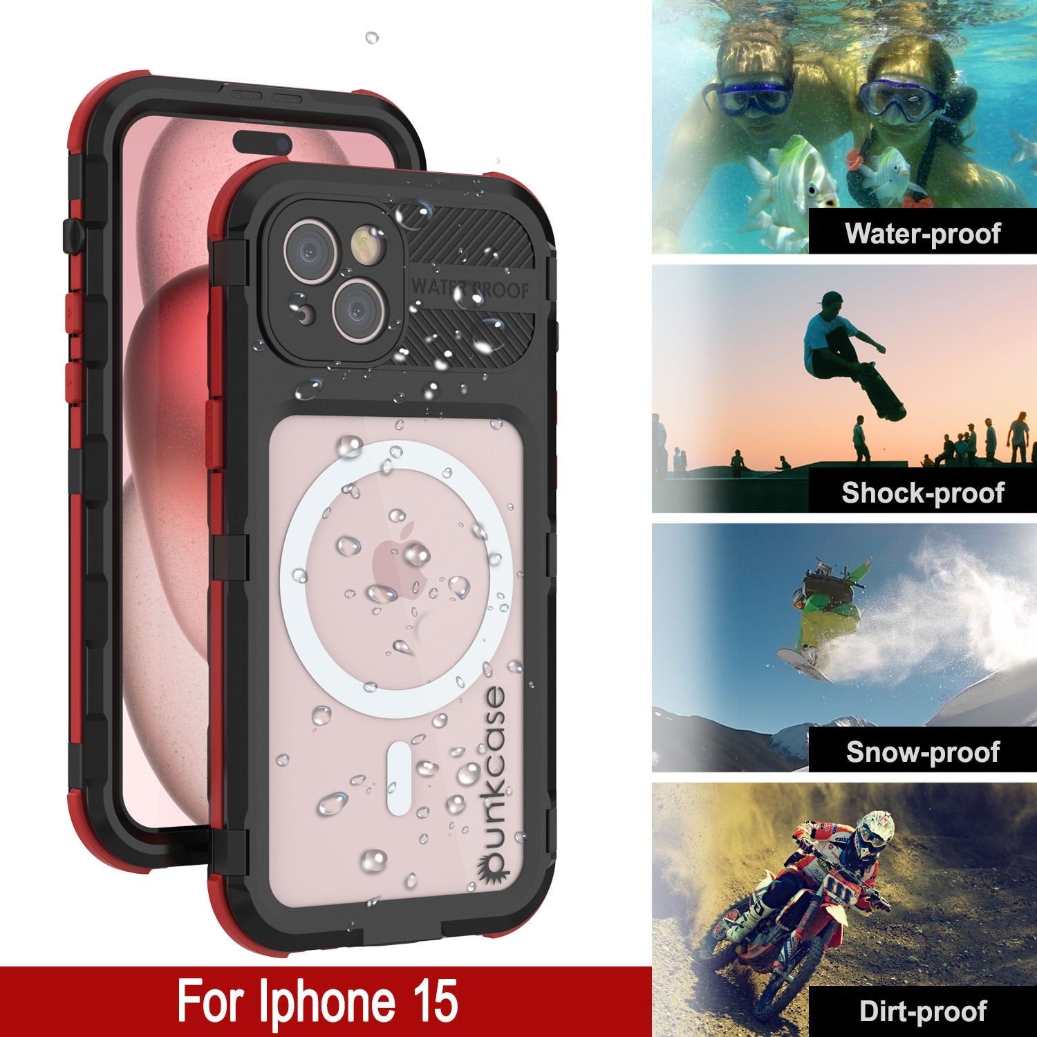 iPhone 15 Metal Extreme 2.0 Series Aluminum Waterproof Case IP68 W/Buillt in Screen Protector [Black-Red]