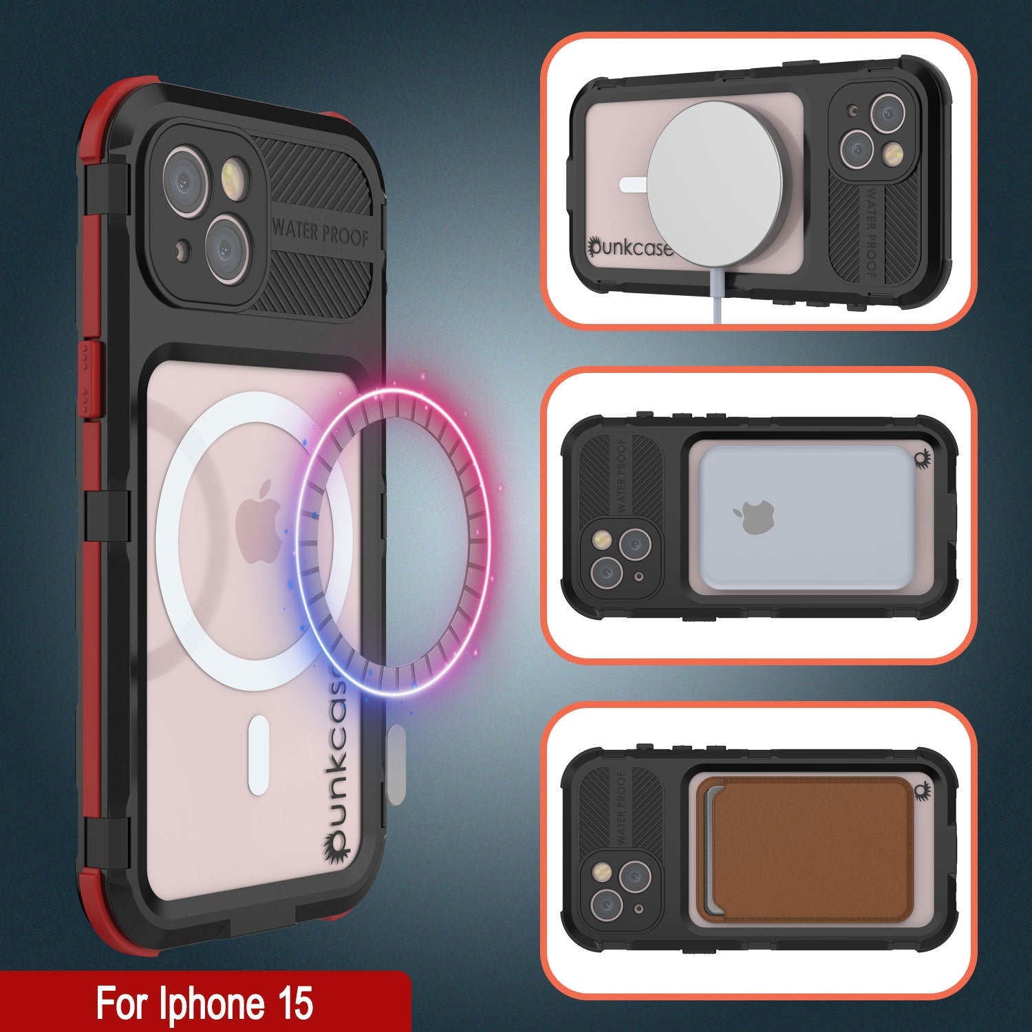 iPhone 15 Metal Extreme 2.0 Series Aluminum Waterproof Case IP68 W/Buillt in Screen Protector [Black-Red]