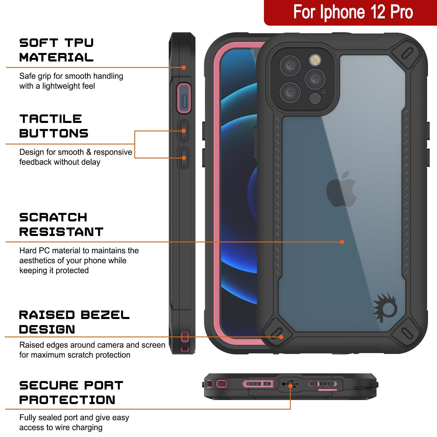 iPhone 12 Pro Waterproof IP68 Case, Punkcase [pink]  [Maximus Series] [Slim Fit] [IP68 Certified] [Shockresistant] Clear Armor Cover with Screen Protector | Ultimate Protection