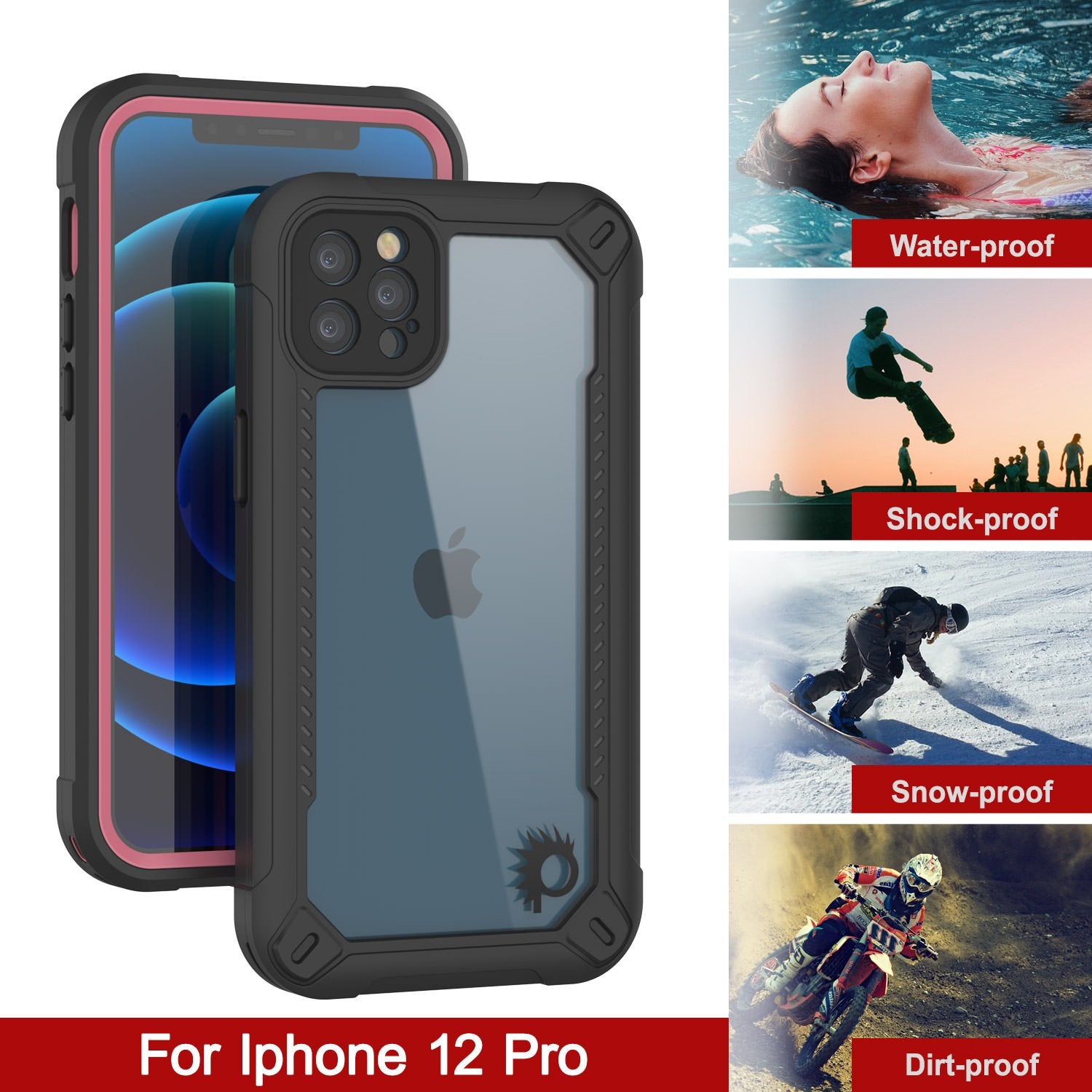 iPhone 12 Pro Waterproof IP68 Case, Punkcase [pink]  [Maximus Series] [Slim Fit] [IP68 Certified] [Shockresistant] Clear Armor Cover with Screen Protector | Ultimate Protection