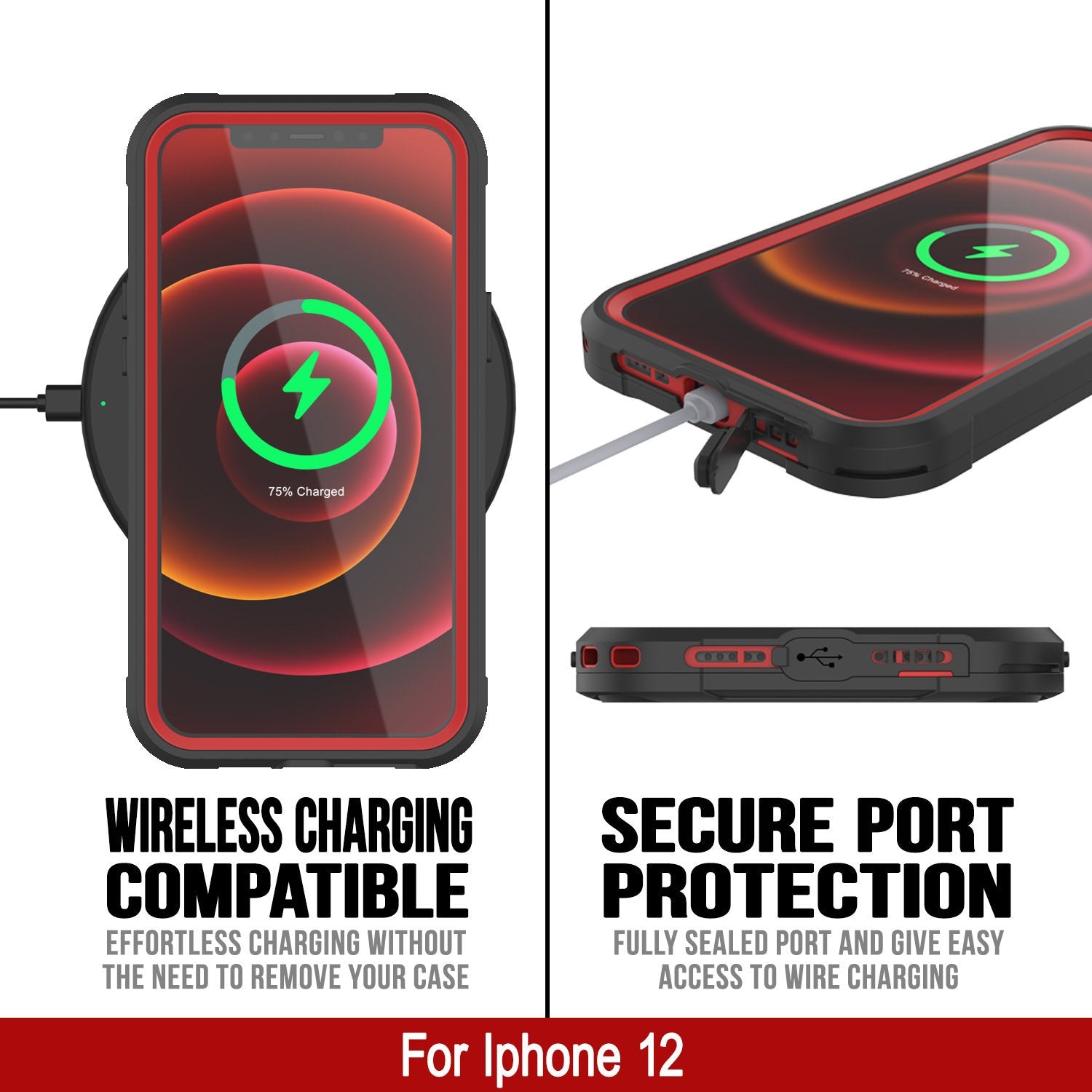 iPhone 12 Waterproof IP68 Case, Punkcase [red]  [Maximus Series] [Slim Fit] [IP68 Certified] [Shockresistant] Clear Armor Cover with Screen Protector | Ultimate Protection