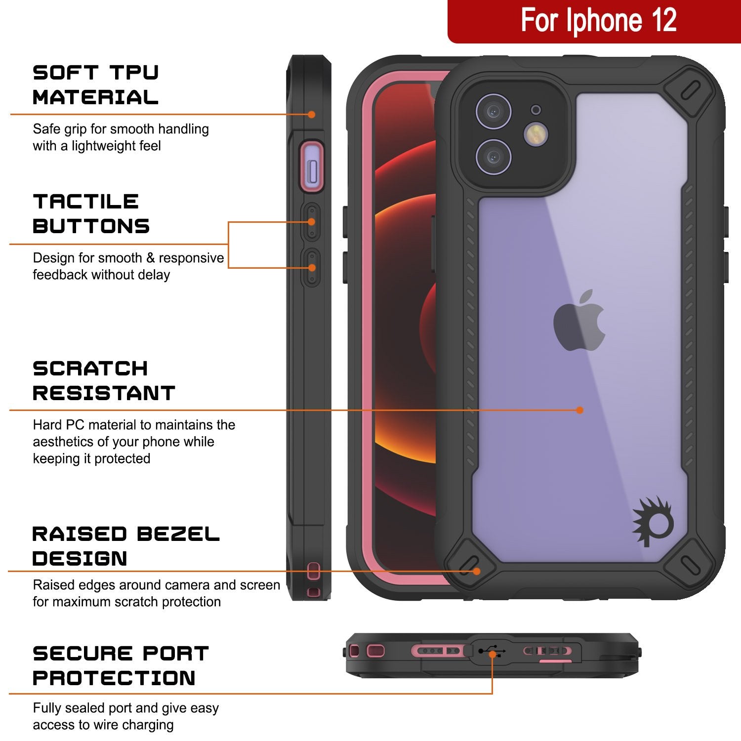 iPhone 12 Waterproof IP68 Case, Punkcase [pink]  [Maximus Series] [Slim Fit] [IP68 Certified] [Shockresistant] Clear Armor Cover with Screen Protector | Ultimate Protection