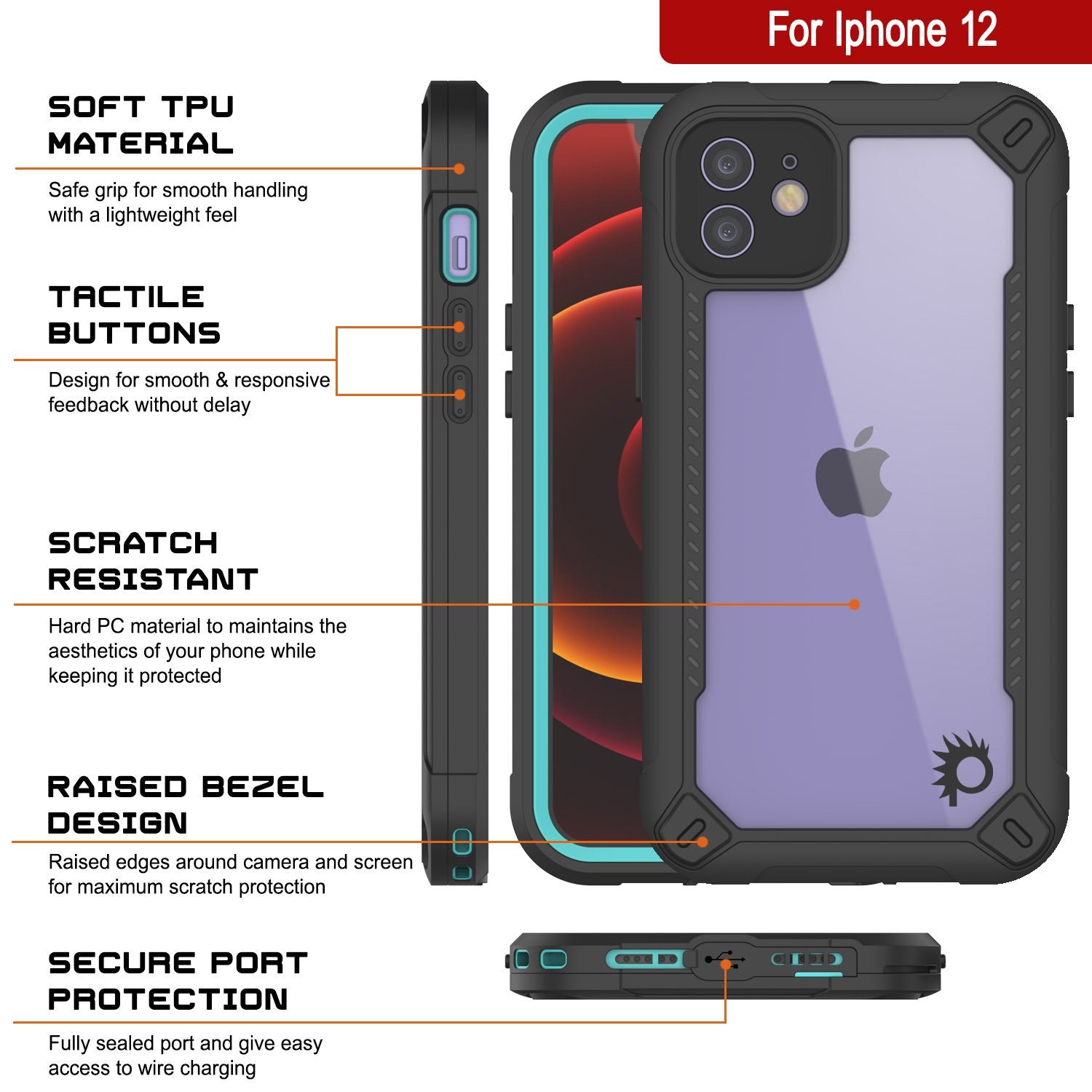 iPhone 12 Waterproof IP68 Case, Punkcase [teal]  [Maximus Series] [Slim Fit] [IP68 Certified] [Shockresistant] Clear Armor Cover with Screen Protector | Ultimate Protection