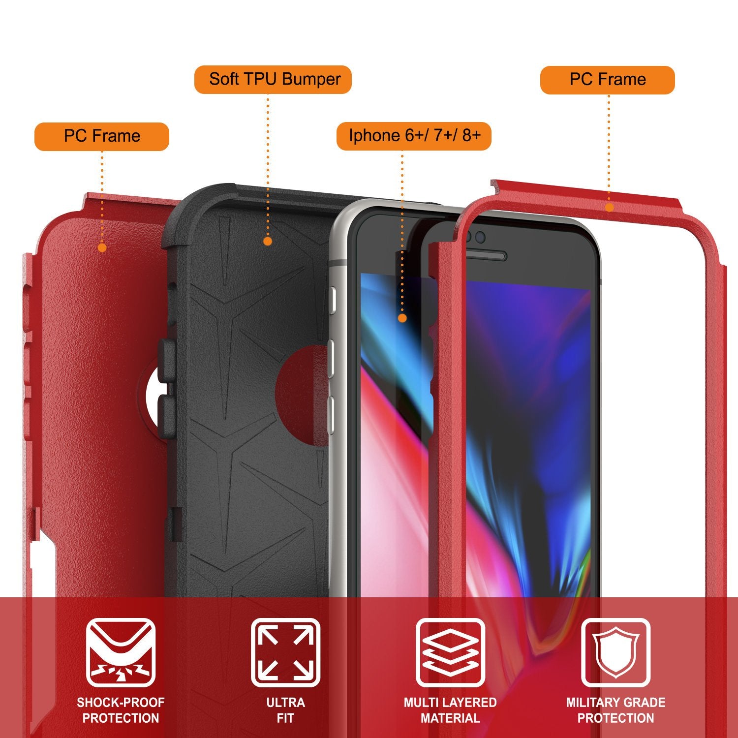 Punkcase for iPhone 8+ Plus Belt Clip Multilayer Holster Case [Patron Series] [Red-Black]