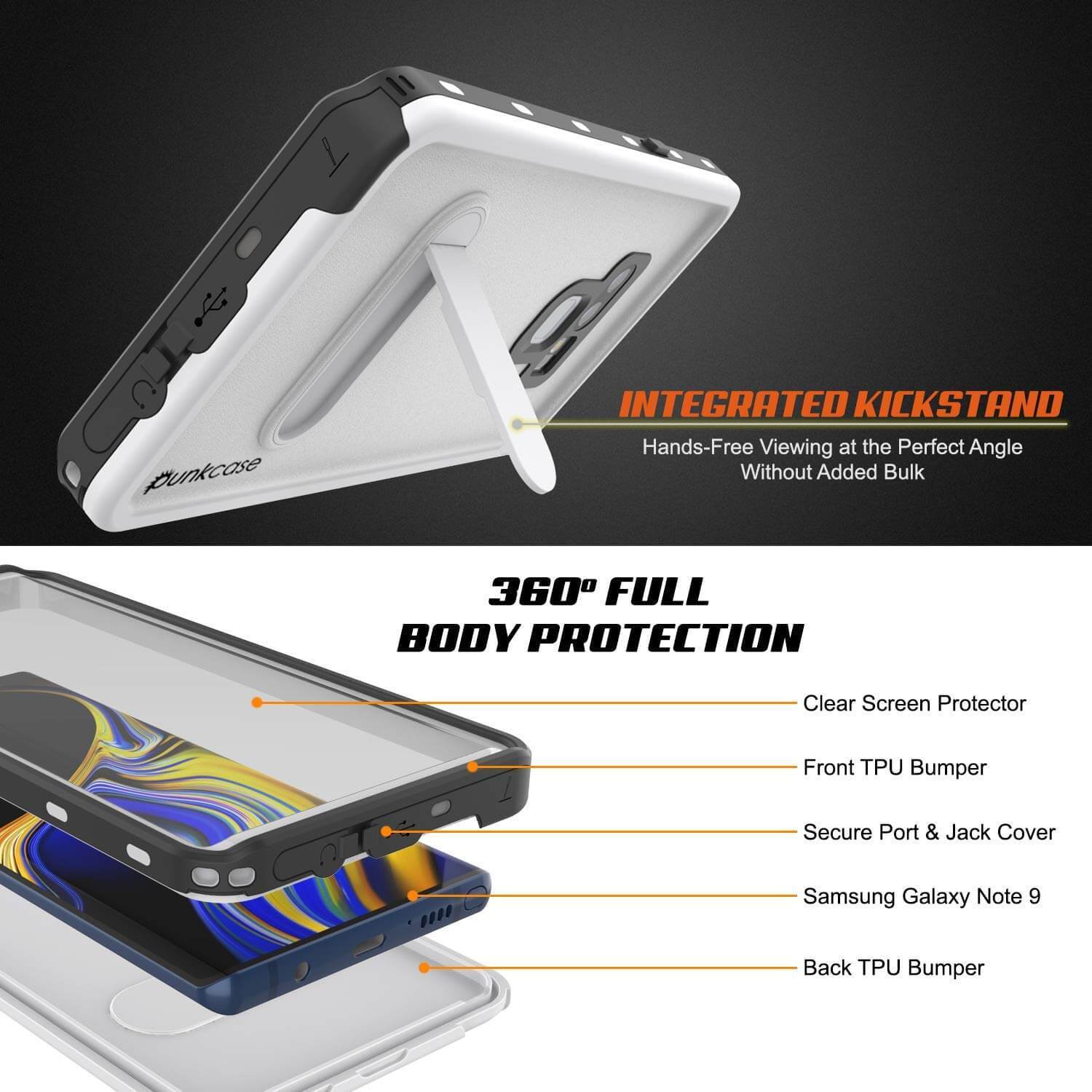 PunkCase Galaxy Note 9 Waterproof Case, [KickStud Series] Armor Cover [White]