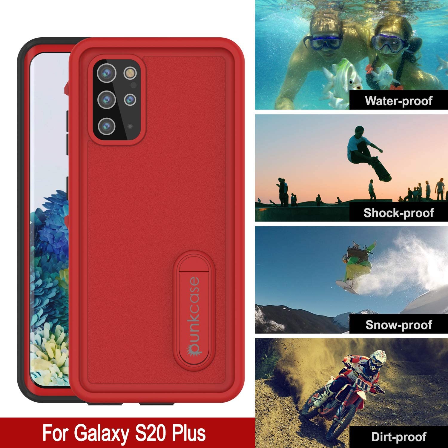 Galaxy S20+ Plus Waterproof Case, Punkcase [KickStud Series] Armor Cover [Red]