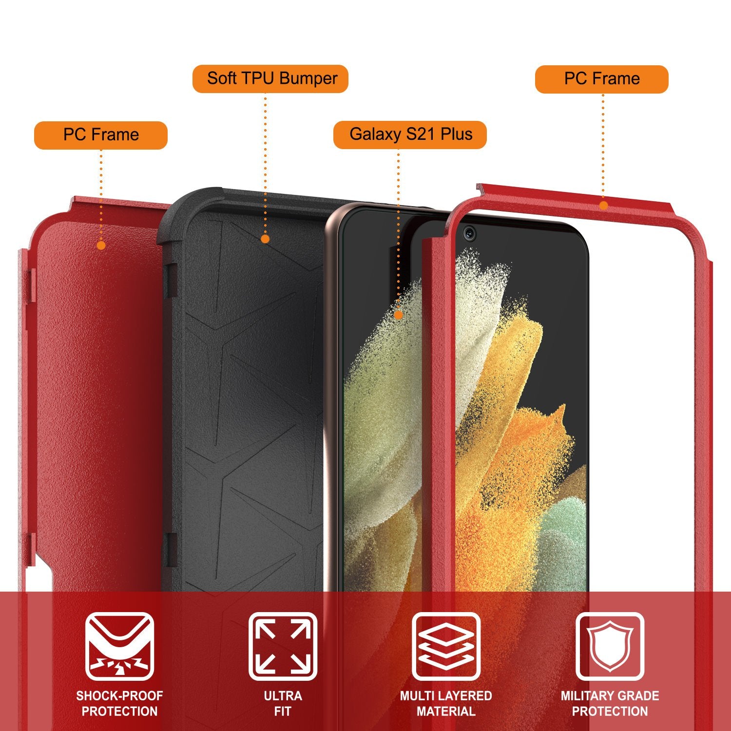 Punkcase for Galaxy S21+ Plus 5G Belt Clip Multilayer Holster Case [Patron Series] [Red-Black]