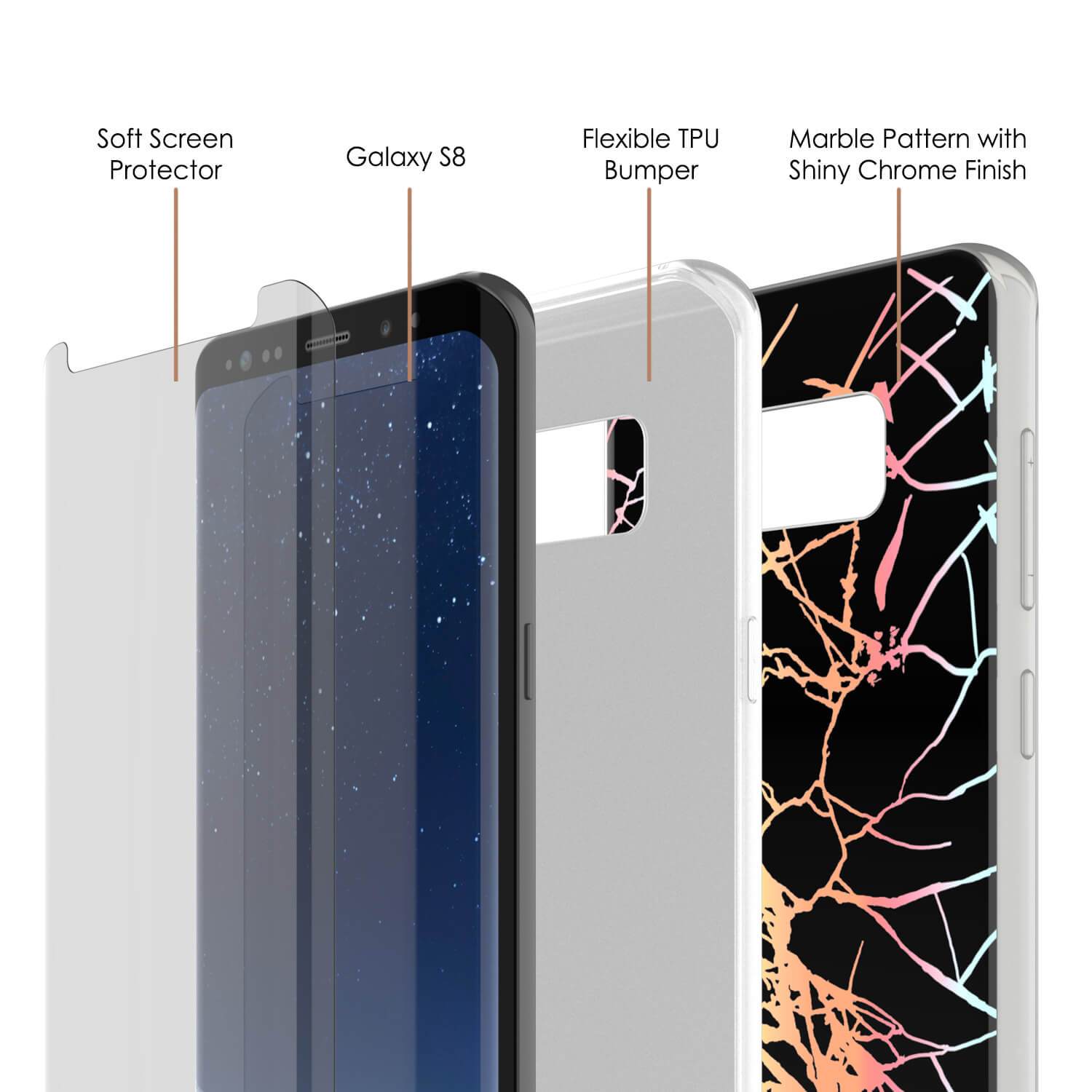 Punkcase Galaxy S8 Marble Case, Protective Full Body Cover W/PunkShield Screen Protector (Black Mirage)
