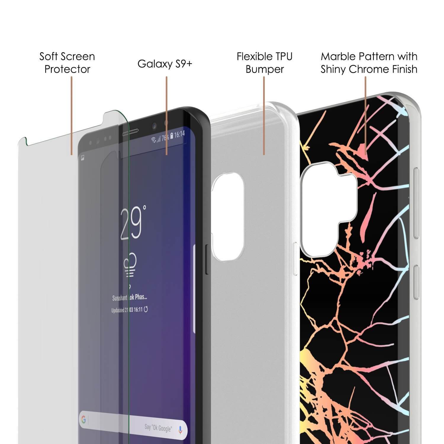 Galaxy S9+ Marble PunkCase, Protective Full Body Cover (Black Mirage)