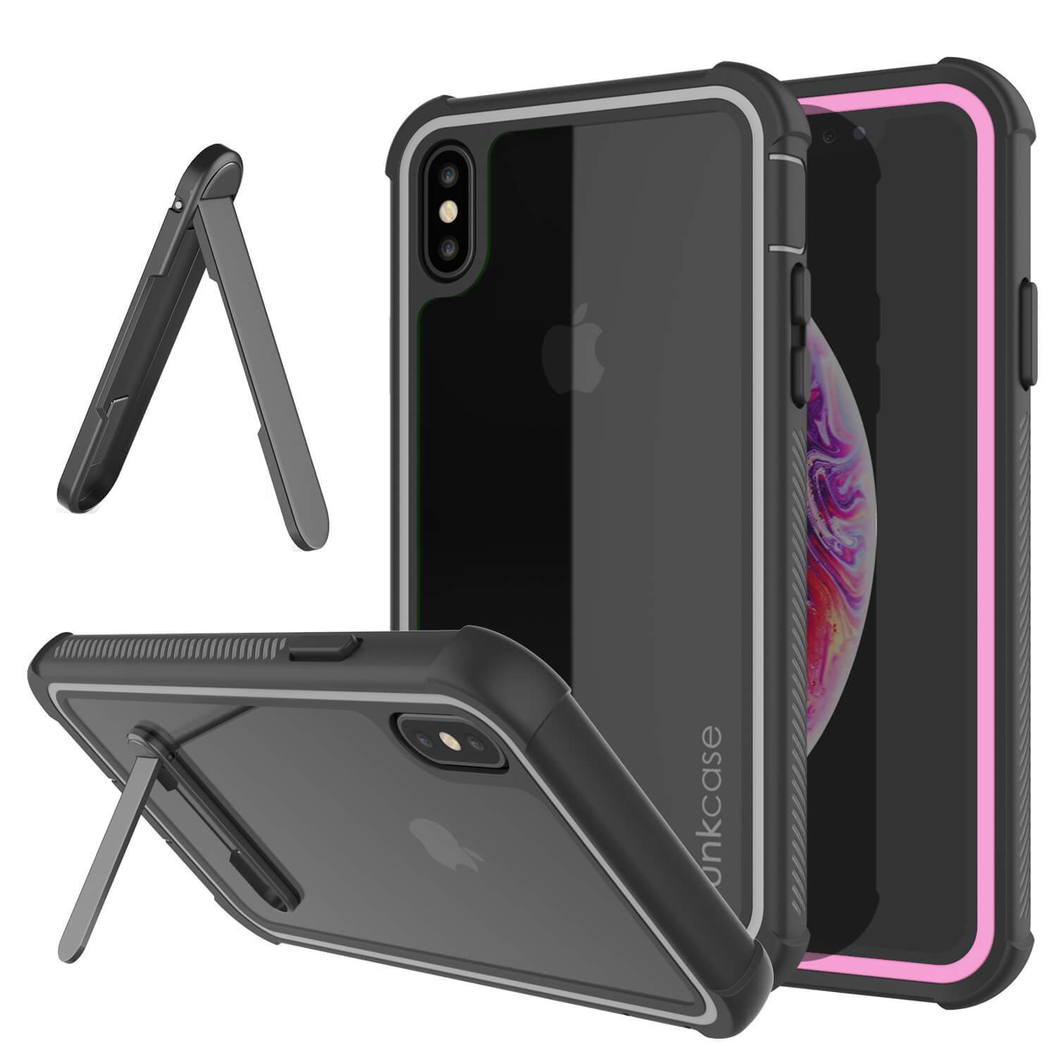 PunkCase iPhone XS Case, [Spartan Series] Clear Rugged Heavy Duty Cover W/Built in Screen Protector [Pink]