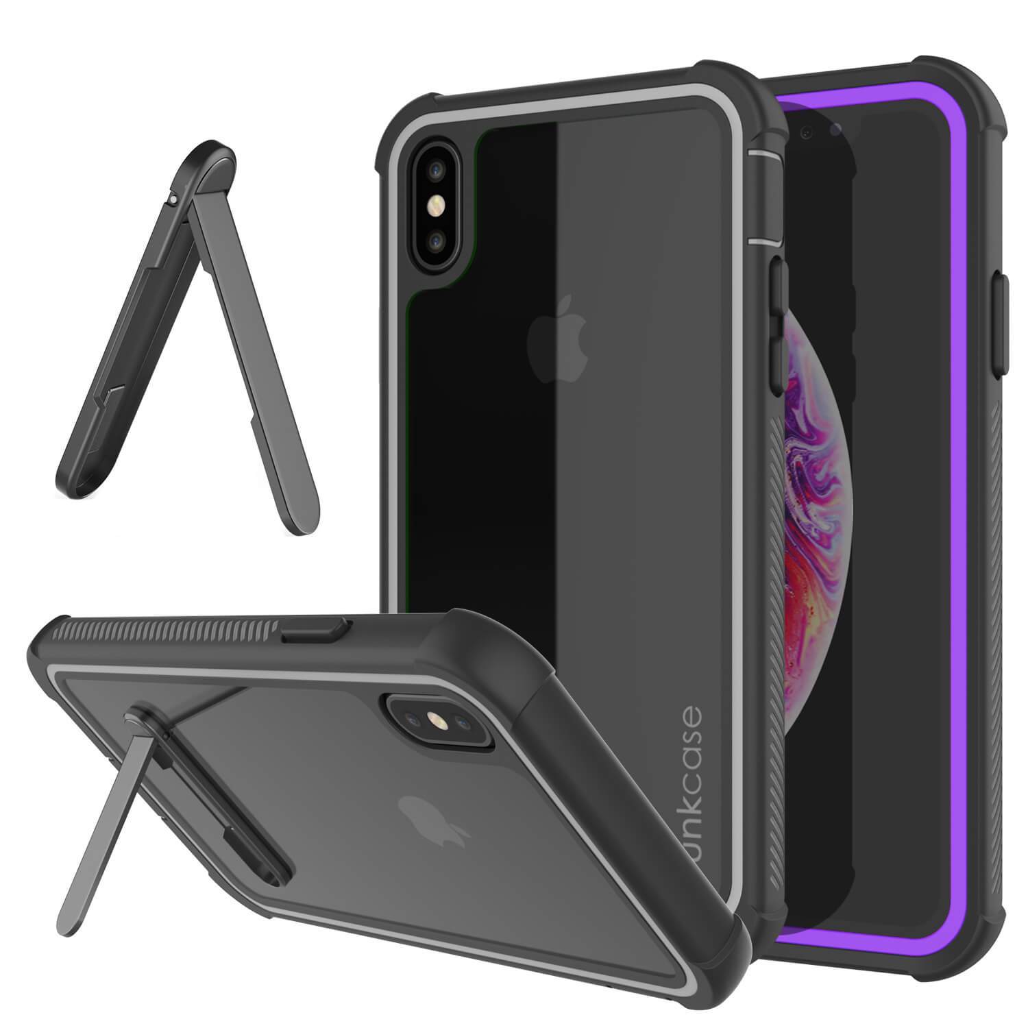 PunkCase iPhone XS Case, [Spartan Series] Clear Rugged Heavy Duty Cover W/Built in Screen Protector [Purple]