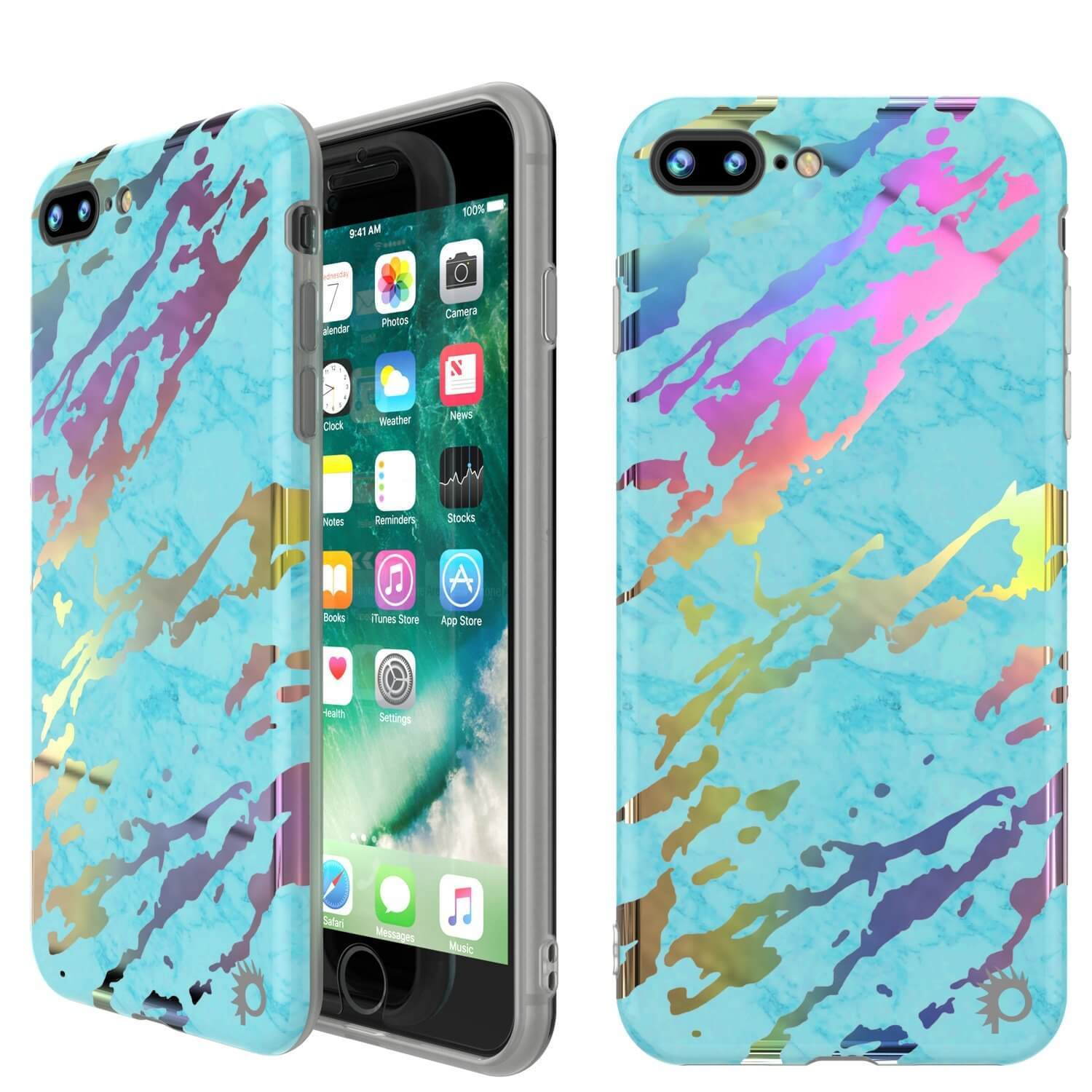 Punkcase iPhone 8+ / 7+ Plus Marble Case, Protective Full Body Cover W/9H Tempered Glass Screen Protector (Teal Onyx)