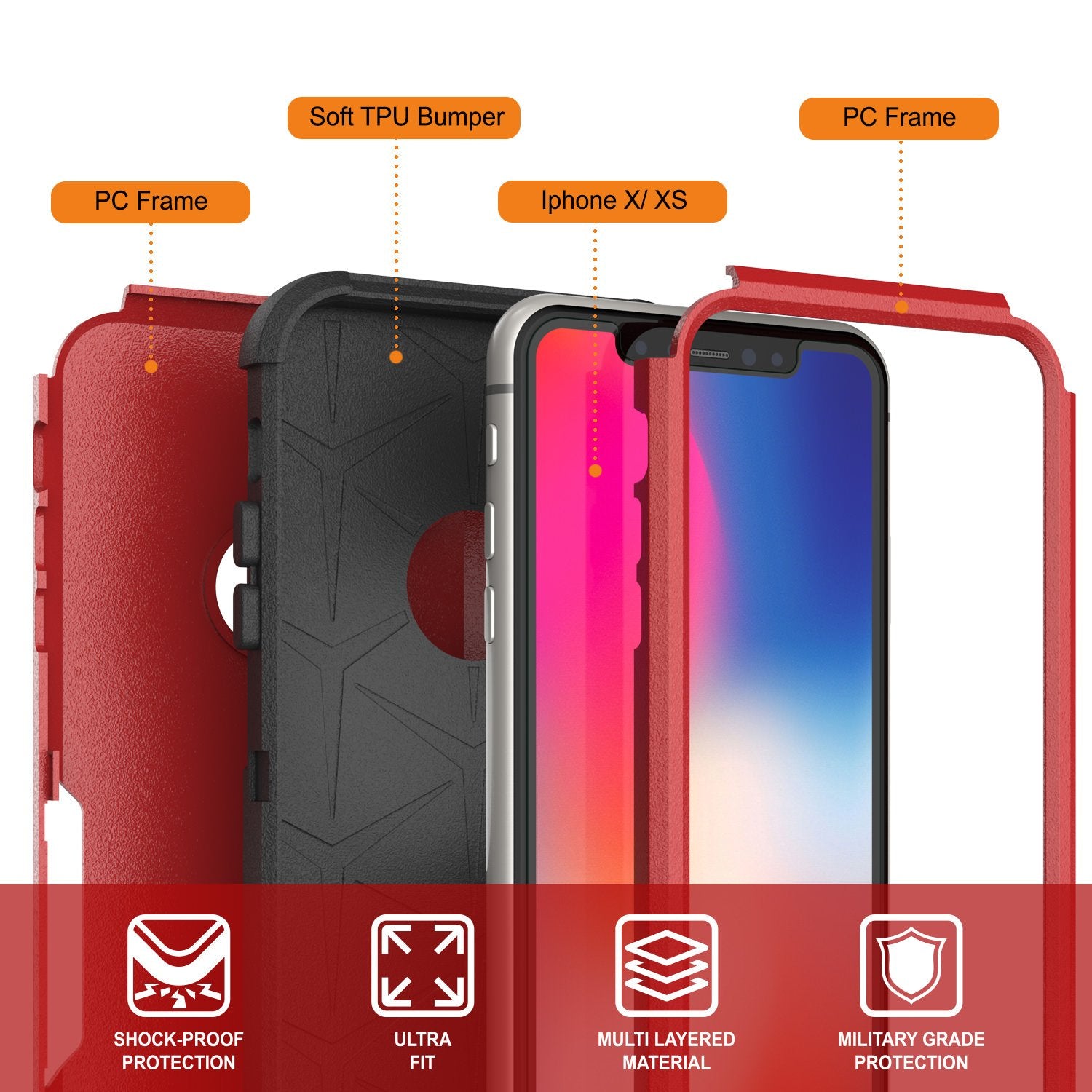 Punkcase for iPhone X Belt Clip Multilayer Holster Case [Patron Series] [Red-Black]