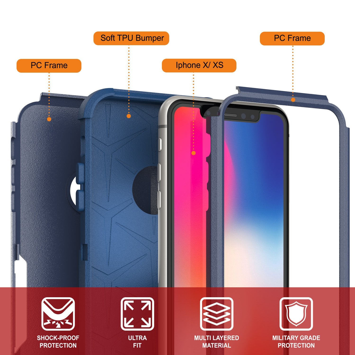 Punkcase for iPhone XS Belt Clip Multilayer Holster Case [Patron Series] [Navy]