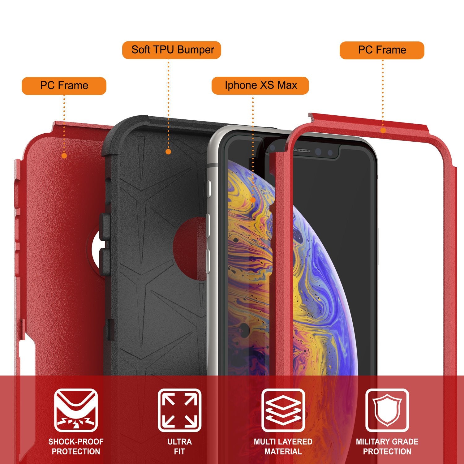 Punkcase for iPhone XS Max Belt Clip Multilayer Holster Case [Patron Series] [Red-Black]