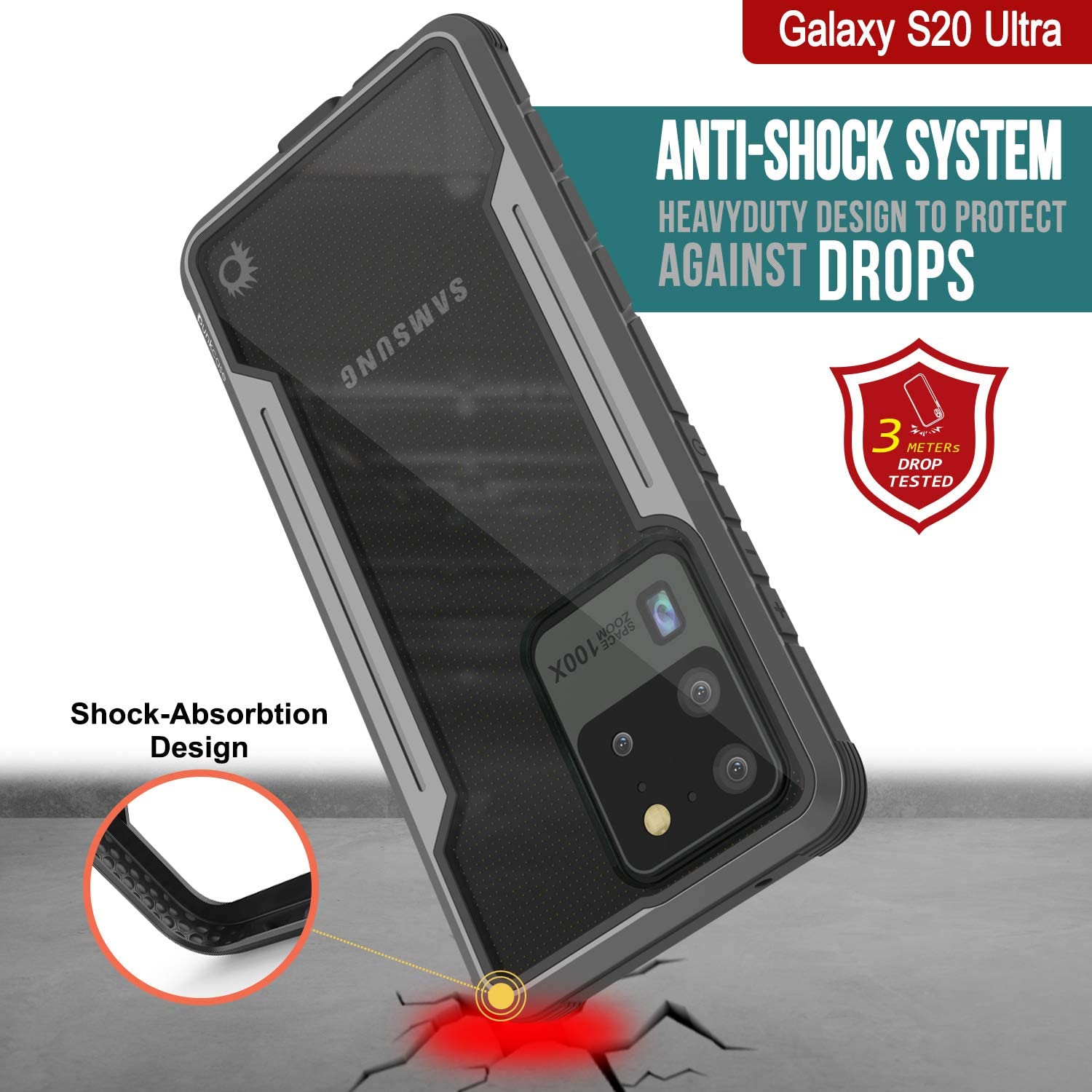 Punkcase S20 Ultra ravenger Case Protective Military Grade Multilayer Cover [Grey-Black]
