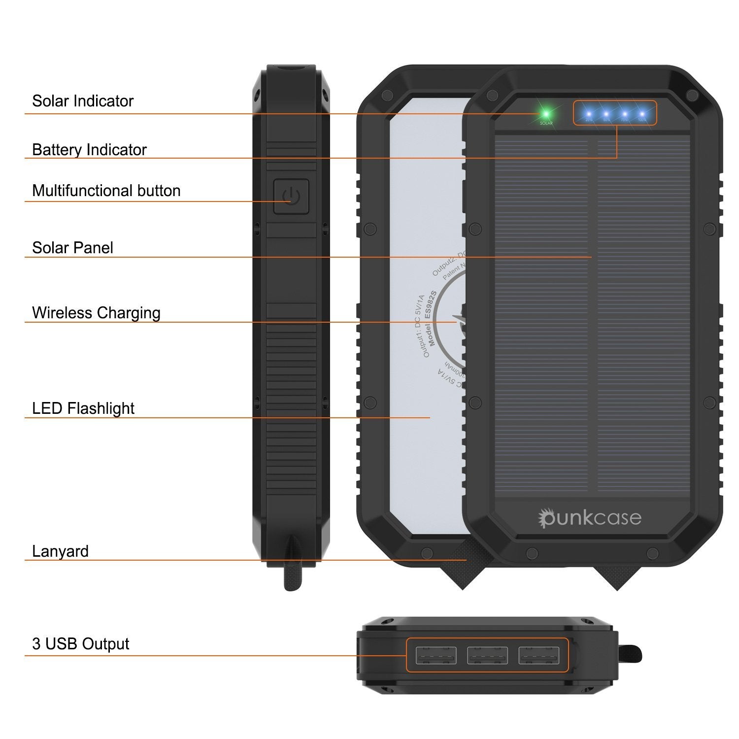 PunkCase Solar Wireless PowerBank 20000 mAh Battery Pack for Samsung & iPhone (Fold/Flip/S24/23/22/21/20) & 15/14/13/12/11/X & all Wireless Supported + iPad's [Black]