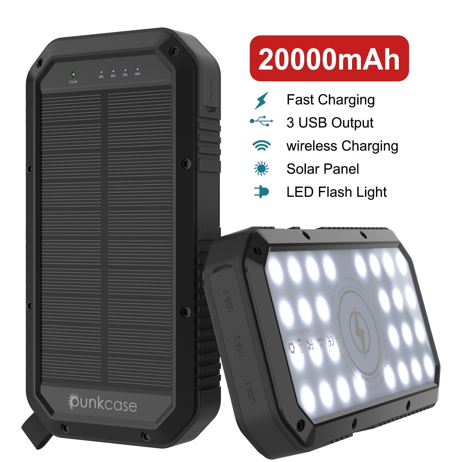 PunkCase Solar Wireless PowerBank 20000 mAh Battery Pack for Samsung & iPhone (Fold/Flip/S24/23/22/21/20) & 15/14/13/12/11/X & all Wireless Supported + iPad's [Black]