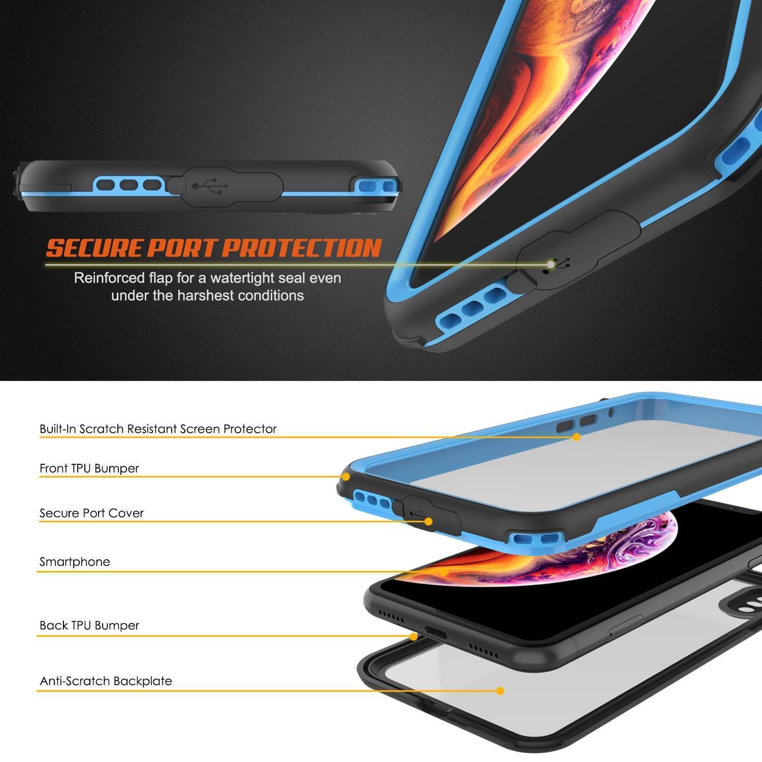 iPhone XS Max Waterproof IP68 Case, Punkcase [Blue] [Rapture Series]  W/Built in Screen Protector