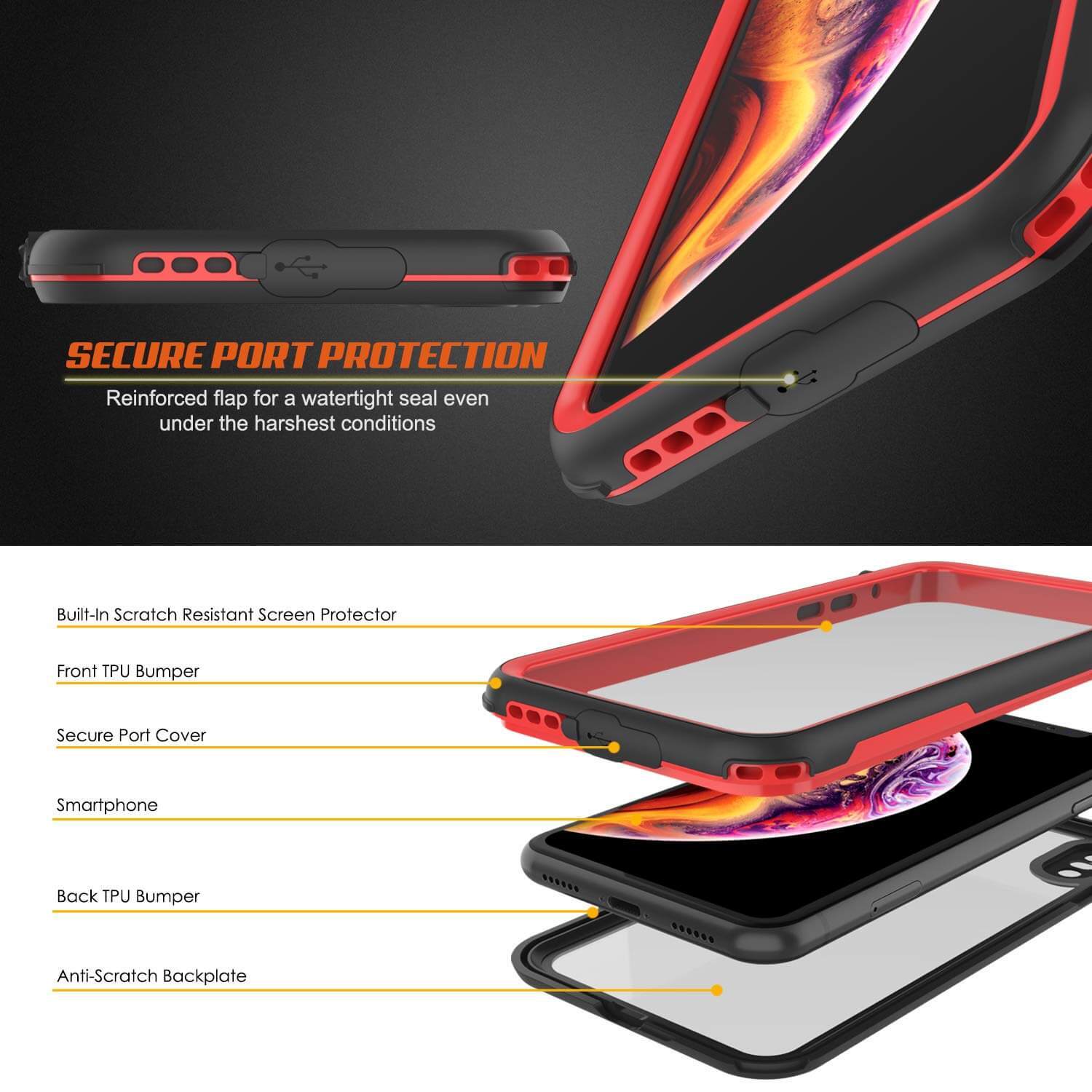 iPhone XS Waterproof IP68 Case, Punkcase [red] [Rapture Series]  W/Built in Screen Protector