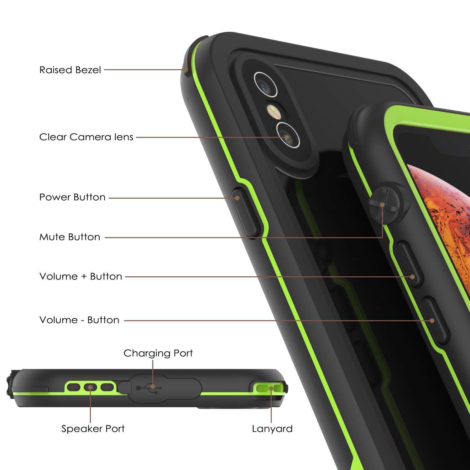 iPhone XS Waterproof IP68 Case, Punkcase [Green] [Rapture Series]  W/Built in Screen Protector