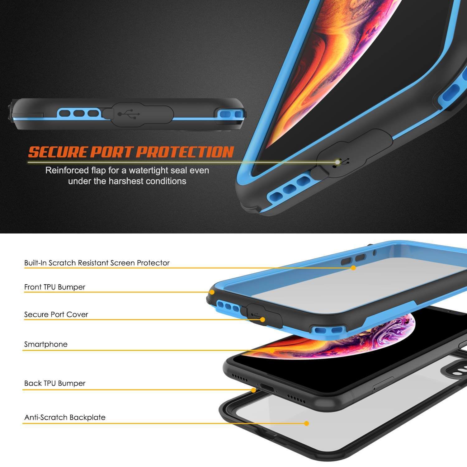 iPhone XS Waterproof IP68 Case, Punkcase [Blue] [Rapture Series]  W/Built in Screen Protector