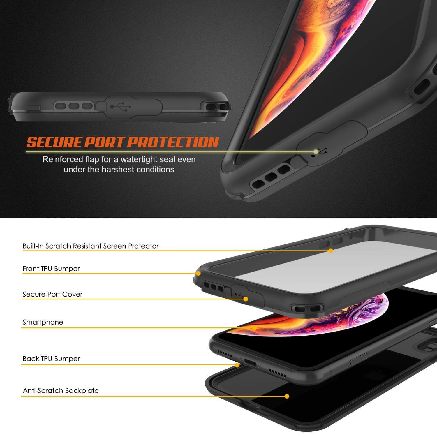 iPhone XS Waterproof IP68 Case, Punkcase [Shiny Black] [Rapture Series]  W/Built in Screen Protector