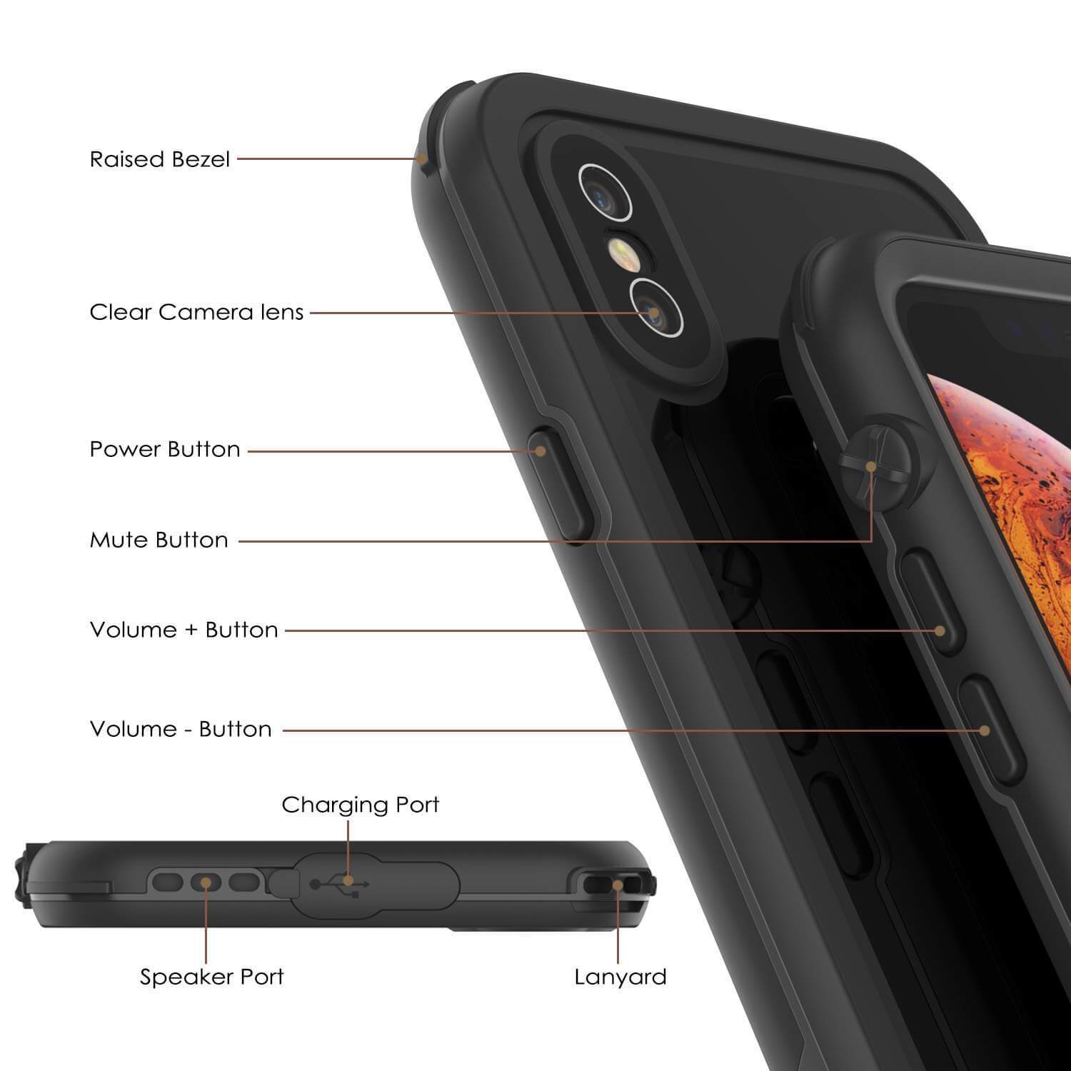 iPhone XS Max Waterproof IP68 Case, Punkcase [Shiny Black] [Rapture Series]  W/Built in Screen Protector