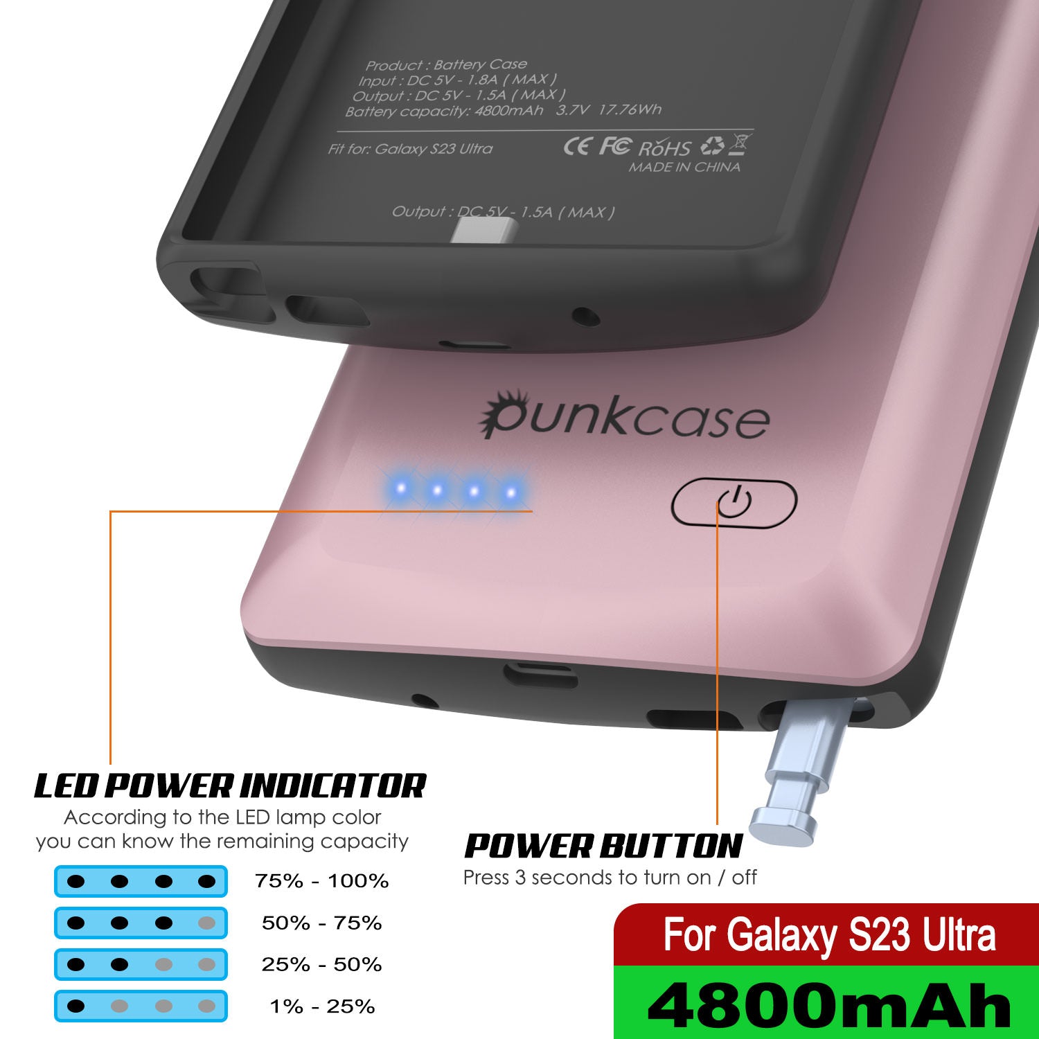 PunkJuice S23 Ultra Battery Case Rose-Gold - Portable Charging Power Juice Bank with 4800mAh