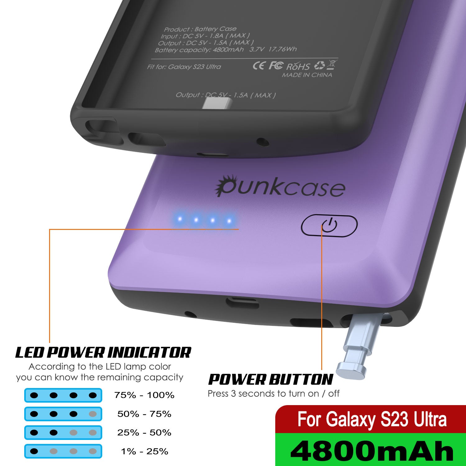 PunkJuice S23 Ultra Battery Case Purple - Portable Charging Power Juice Bank with 4800mAh
