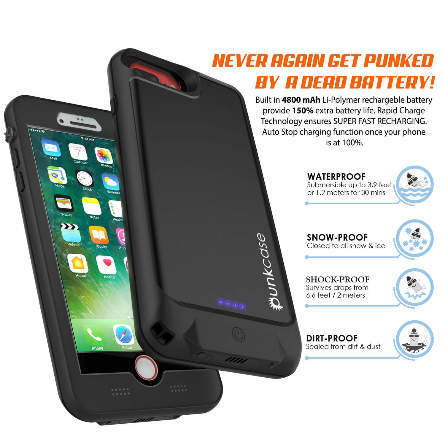 PunkJuice iPhone 6+ Plus/6s+ Plus Battery Case Black - Waterproof Power Juice Bank w/ 4300mAh