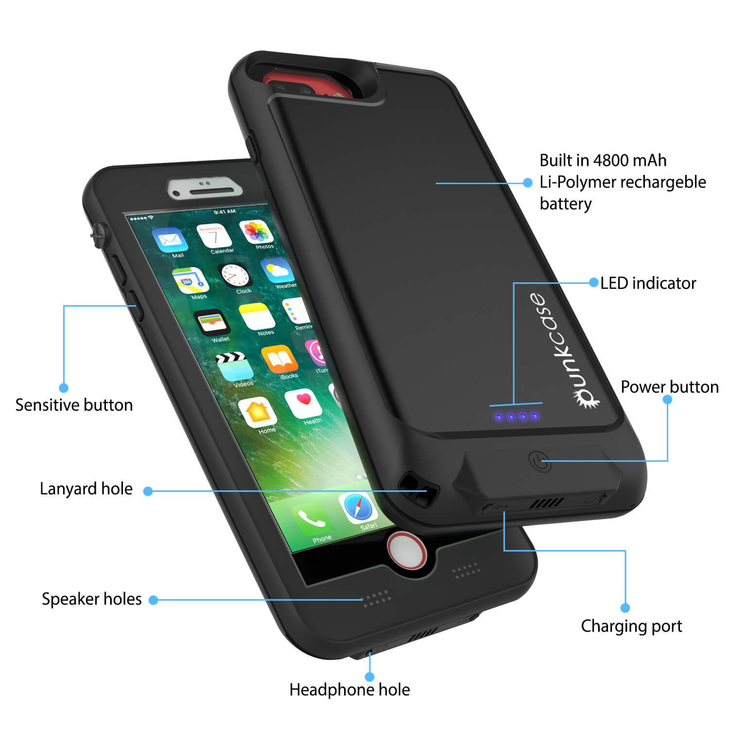 PunkJuice iPhone 6+ Plus/6s+ Plus Battery Case Black - Waterproof Power Juice Bank w/ 4300mAh