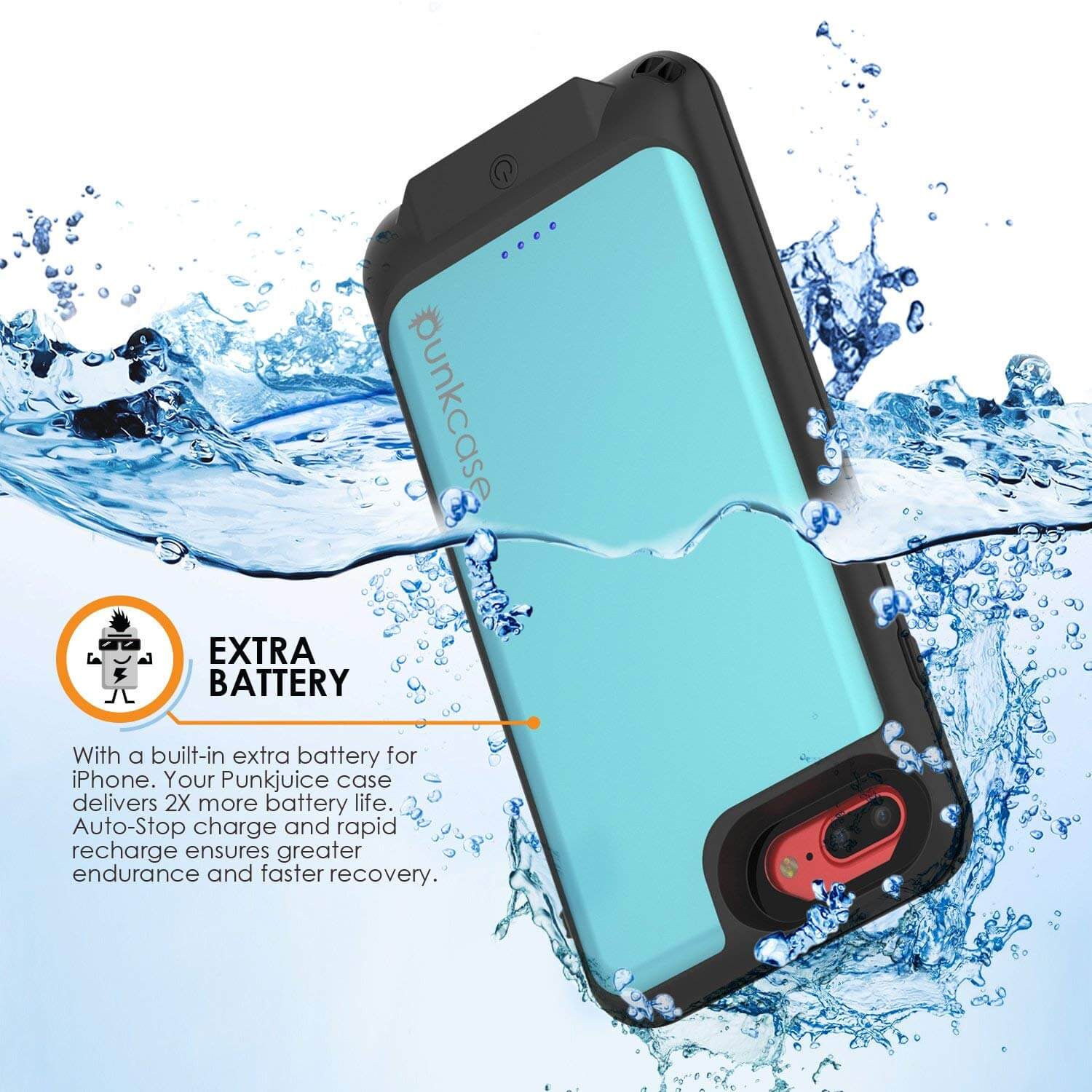PunkJuice iPhone 8+/7+ Plus Battery Case Teal - Waterproof Slim Power Juice Bank with 4300mAh