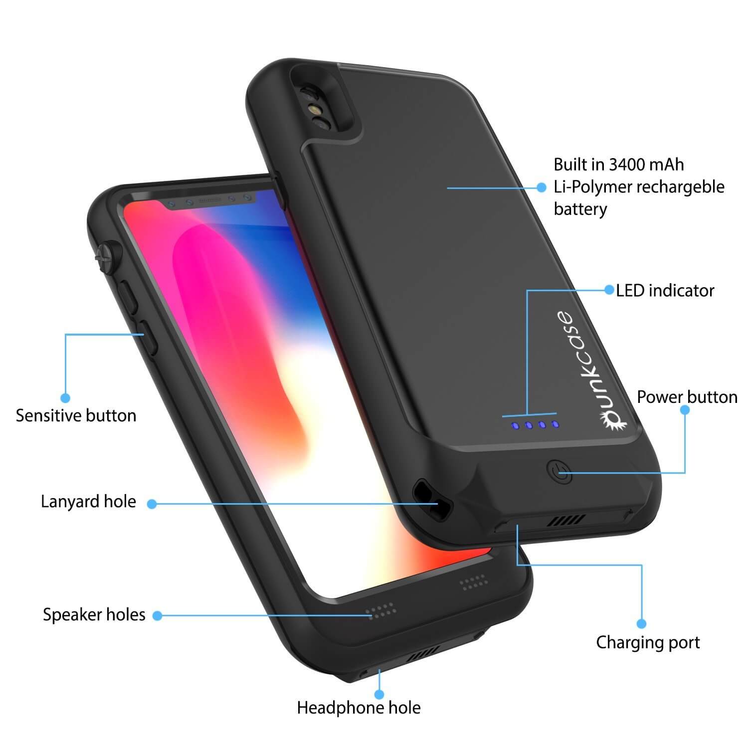 PunkJuice iPhone X Battery Case, Waterproof, [Ultra Slim] [Black]