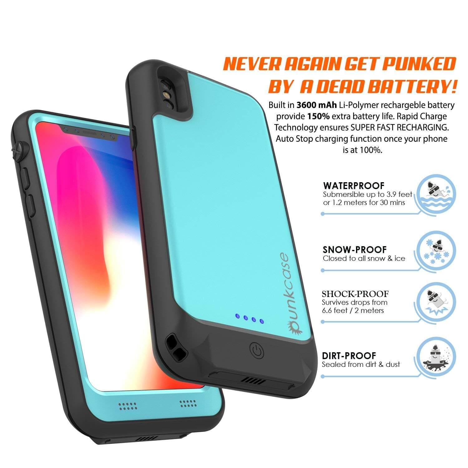 PunkJuice iPhone X Battery Case, Waterproof, IP68 Certified [Teal]