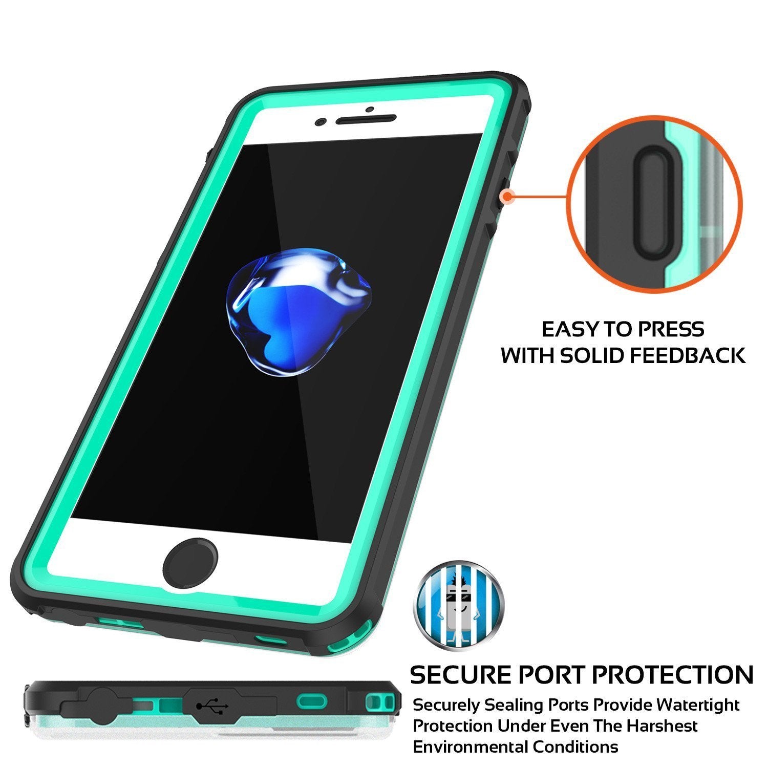 Apple iPhone 8 Waterproof Case, PUNKcase CRYSTAL Teal W/ Attached Screen Protector  | Warranty