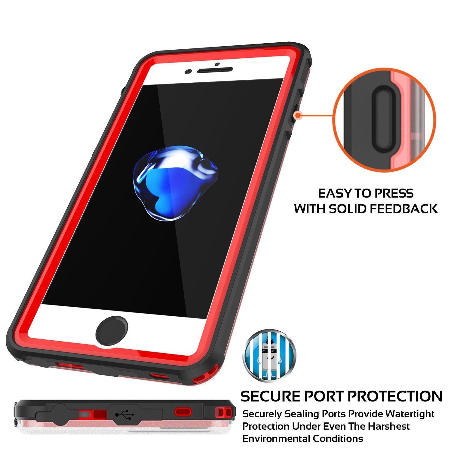 iPhone 8+ Plus Waterproof Case, PUNKcase CRYSTAL Red W/ Attached Screen Protector  | Warranty