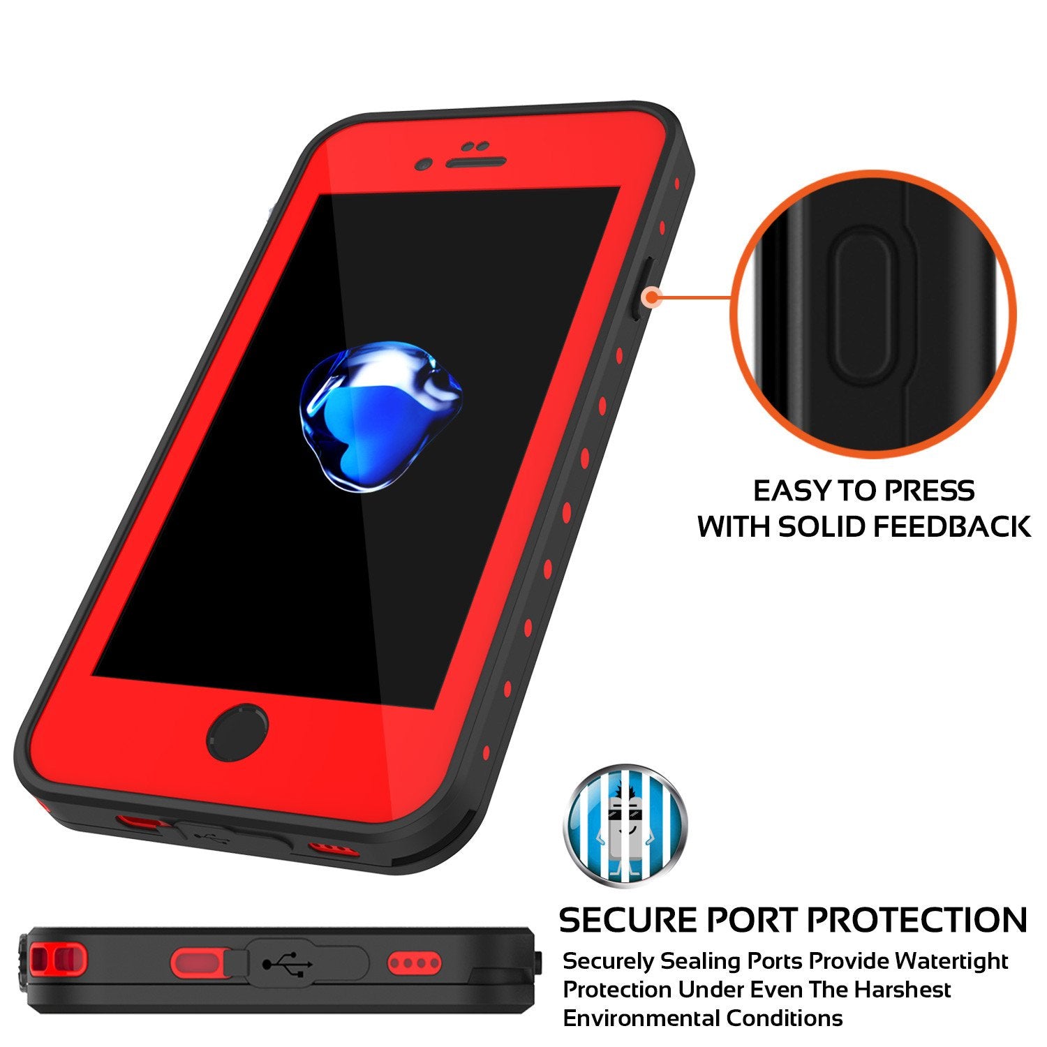 iPhone 7 Waterproof IP68 Case, Punkcase [Red] [StudStar Series] [Slim Fit] [Dirtproof] [Snowproof]