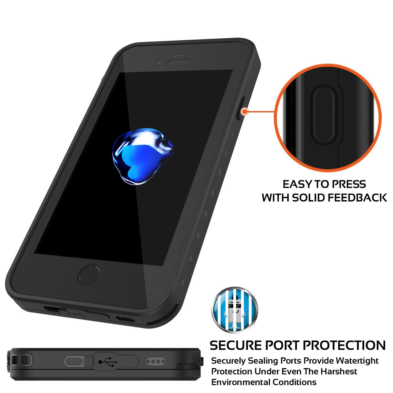 iPhone 7s Waterproof Case, Punkcase [Black] [StudStar Series] [Slim Fit] [IP68 Certified] [Shockproof] [Dirtproof] [Snowproof] Armor Cover for Apple iPhone 7 & 7s